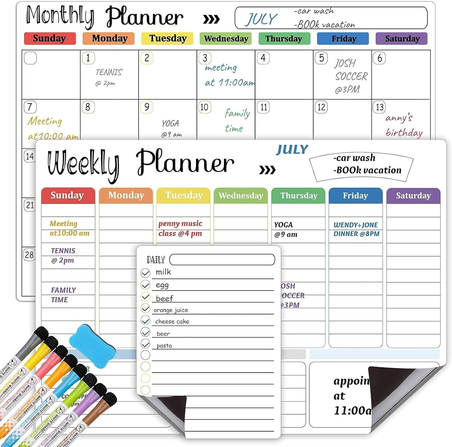 3Pcs Dry Erase Magnetic Calendar for Refrigerator, Monthly & Weekly & Daily Planner Board,With 8 Markers and Eraser for Fridge Wall Door - Shopping, Meal/Menu, to Do List, Family Schedule Plan Board image number 6