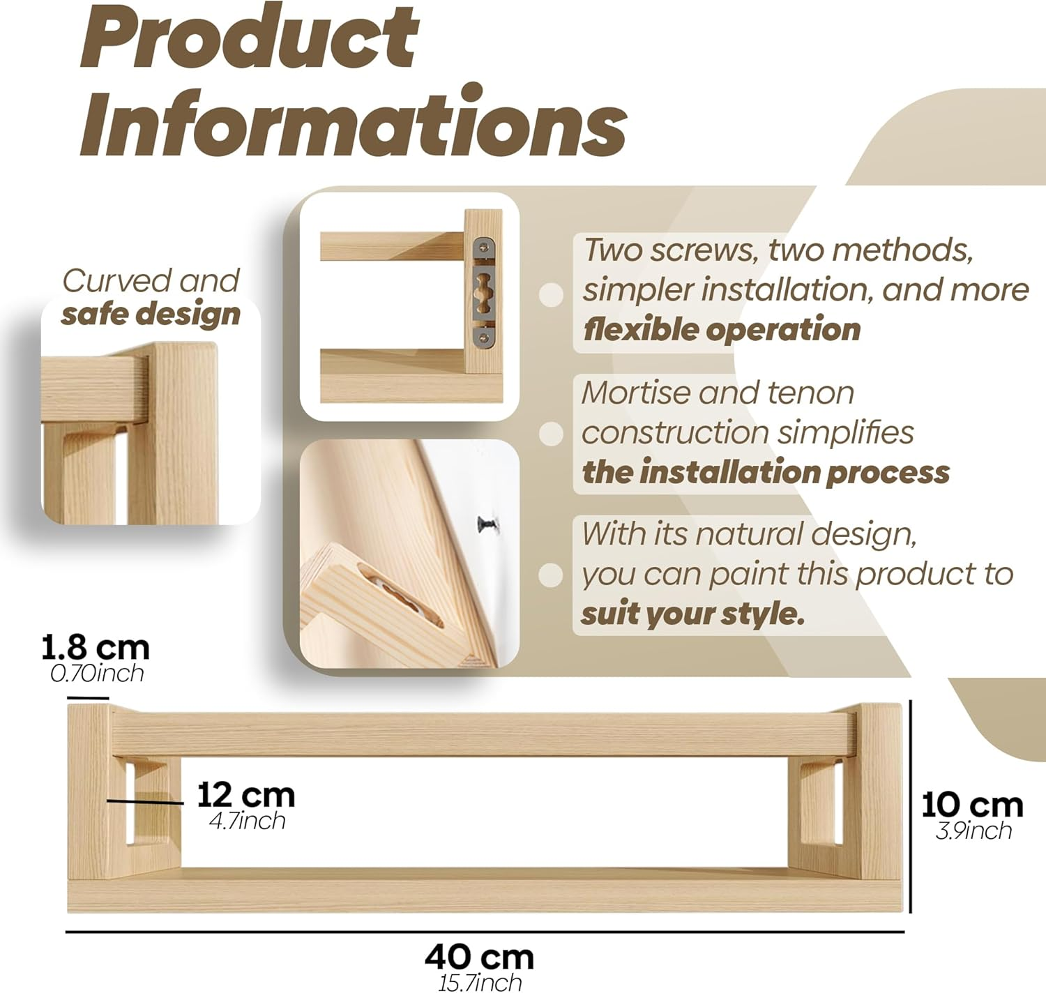Floating Nursery Kids Book Shelves for Wall Set of 4, Wall Mounted Natural Solid Wood Furniture Bookcase Decor Storage Organizer Shelf for Bedroom Kitchen Bathroom Living Room (4, Natural) - 4, Natural image number 7