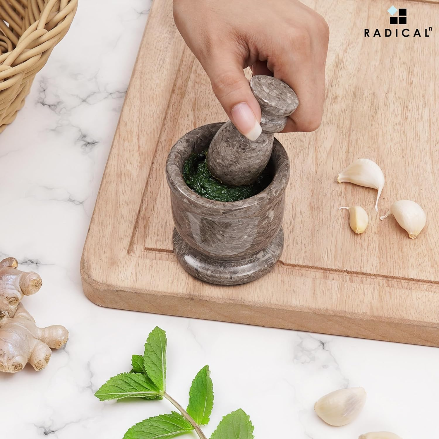 Radicaln Marble Mortar and Pestle Set Oceanic 2.5" Inches Handmade Spice Grinder & Garlic Crusher for Kitchen Mortar and Pestle Set Small Herb Grinder image number 6