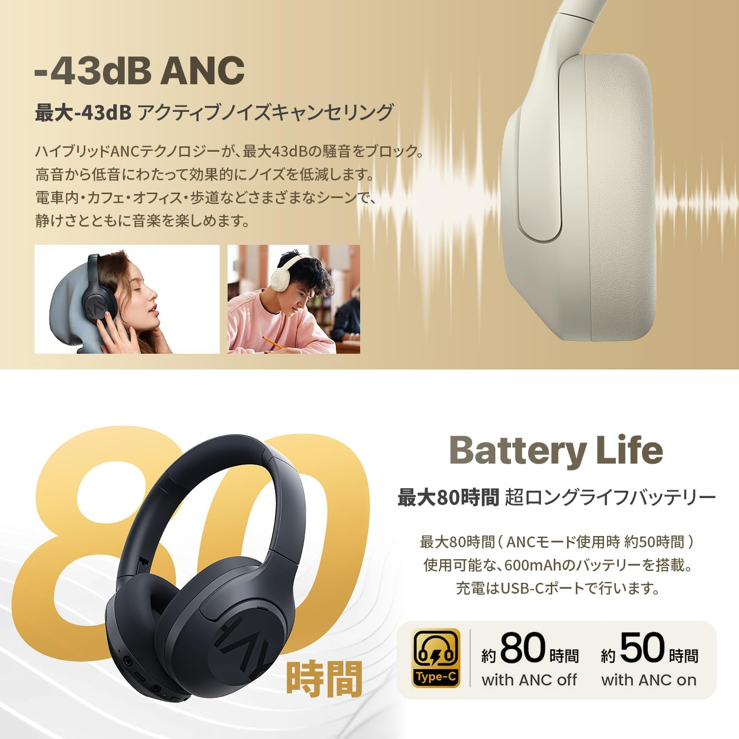 Haylou HL-S30WH Wireless Noise Cancelling Headphone, S30 (Maximum - 43 Db), Powerful Neukan, Bluetooth 5.4, High Resolution, 360 Spatial Audio, up to 80 Hours of Playback, Microphone Included, 2 - Black image number 3
