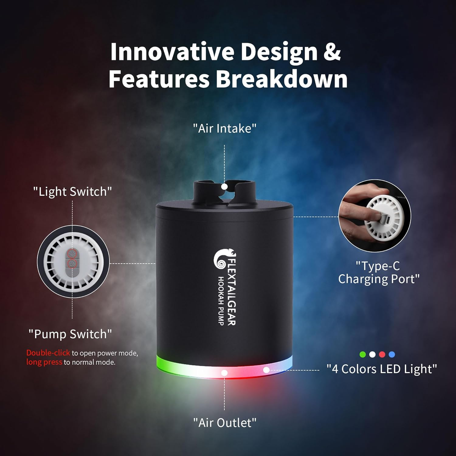 FLEXTAILGEAR Electric Hookah Pump Kit with 1300 Mah Rechargeable Battery Led Light Mini Portable Charcoal Coal Burner Helper Shisha Nargila Warm up Starter Set Smoke Bar Accessories image number 3