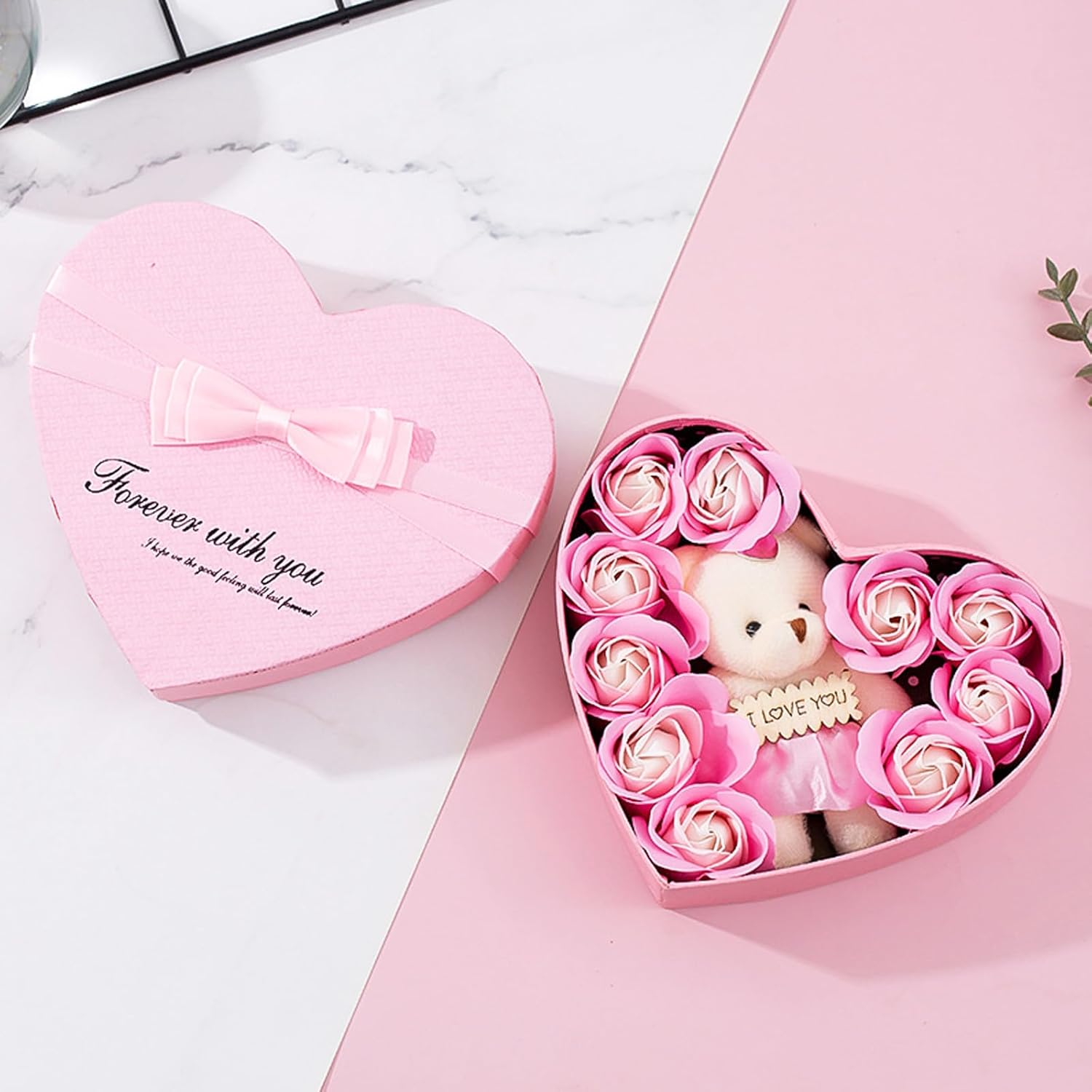 Lopsity Rose Bear with Heart Box Romantic Roses Flower Gift Box with Cute Teddy Bear for Mothers Day Anniversary Birthday Valentines Day Gift (Pink) image number 5