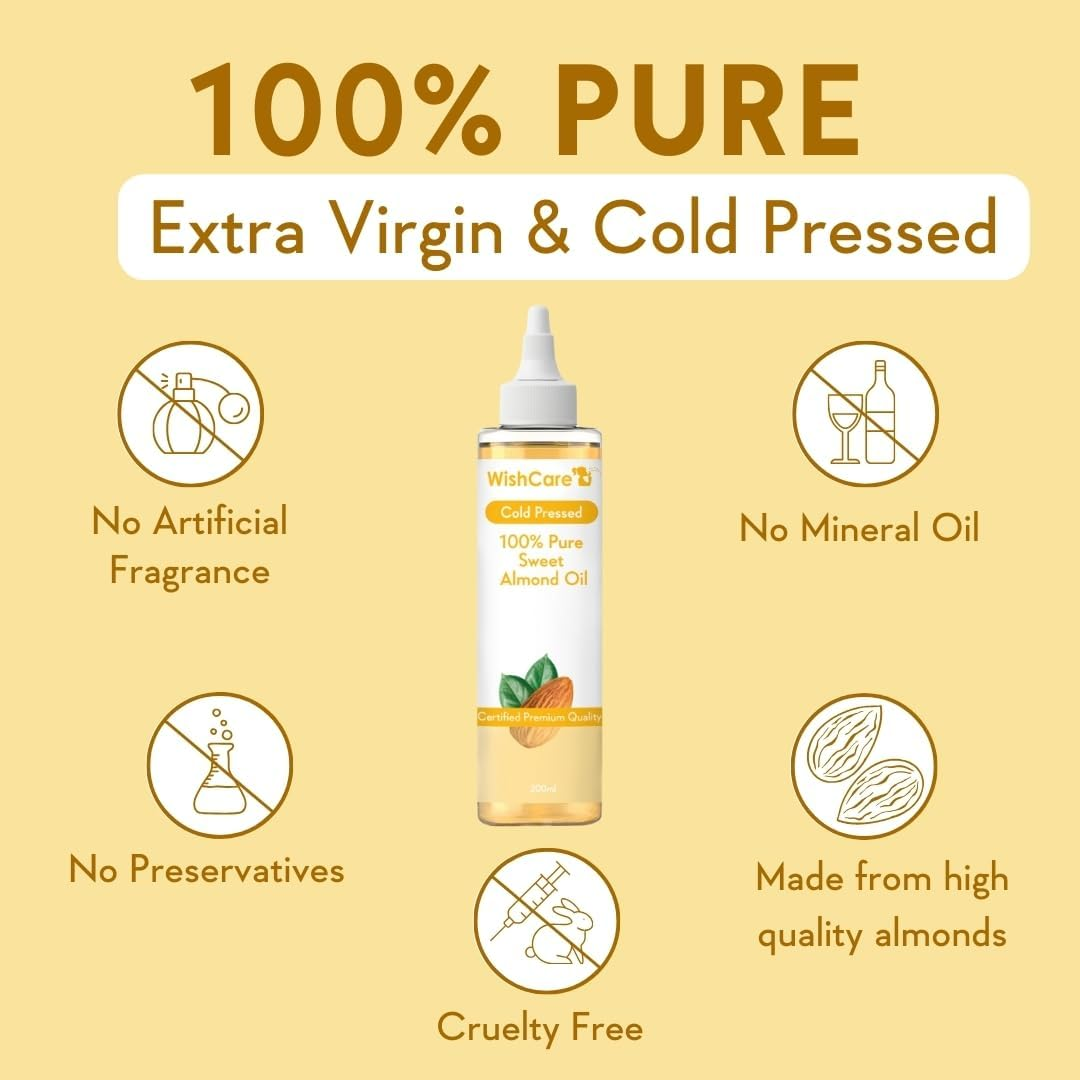 Wishcare&reg; Pure Cold Pressed Sweet Almond Oil for Hair Growth and Glowing Skin & Face - 200Ml