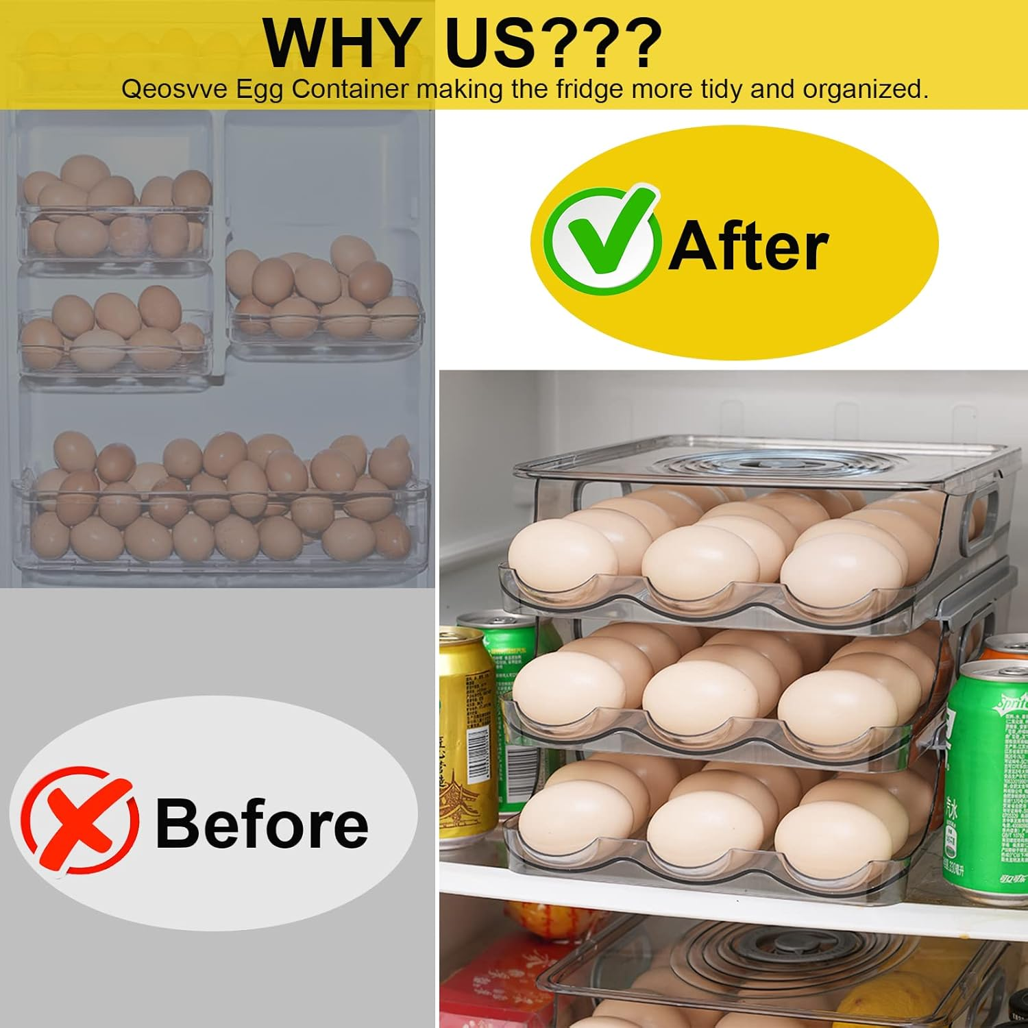 Egg Holder for Refrigerator, Automatically Rolling Egg Storage Container for Refrigerator,Large Capacity Egg Organizer for Fridge with Lid,Clear Plastic Egg Dispenser,Egg Tray & Bin -3 Layer image number 2