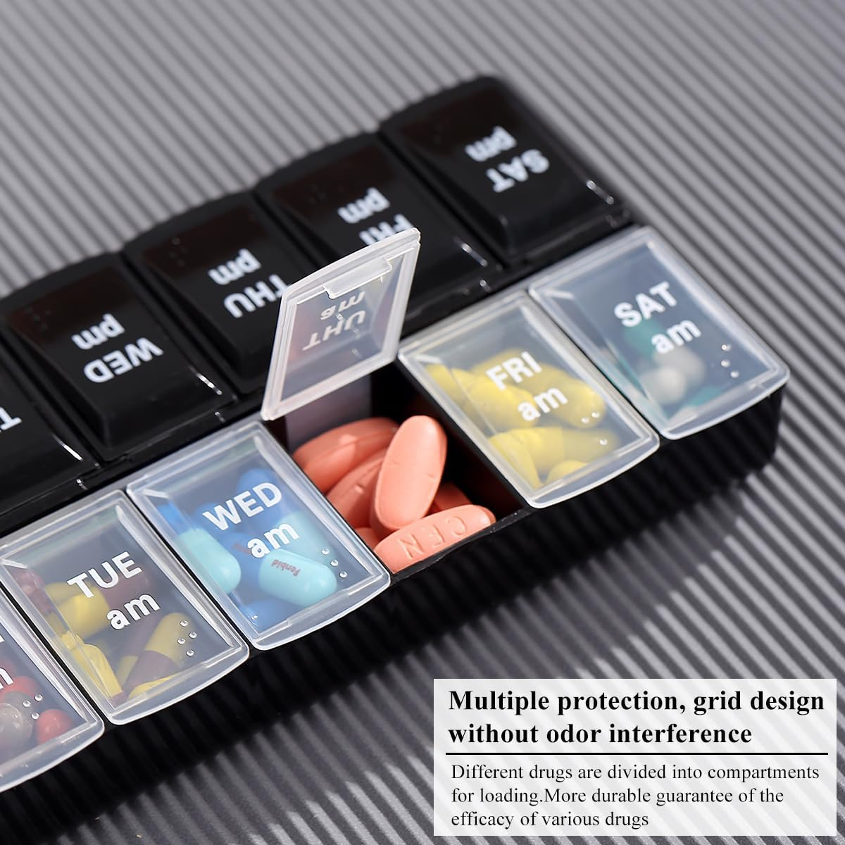 Berglander Pill Organizer 7 Day 2 Times a Day, Large Weekly AM PM Pill Box, Day Night Medicine Organizer, Pill Case 2 per Day, Pill Container Twice a Day Black and White Lid image number 5