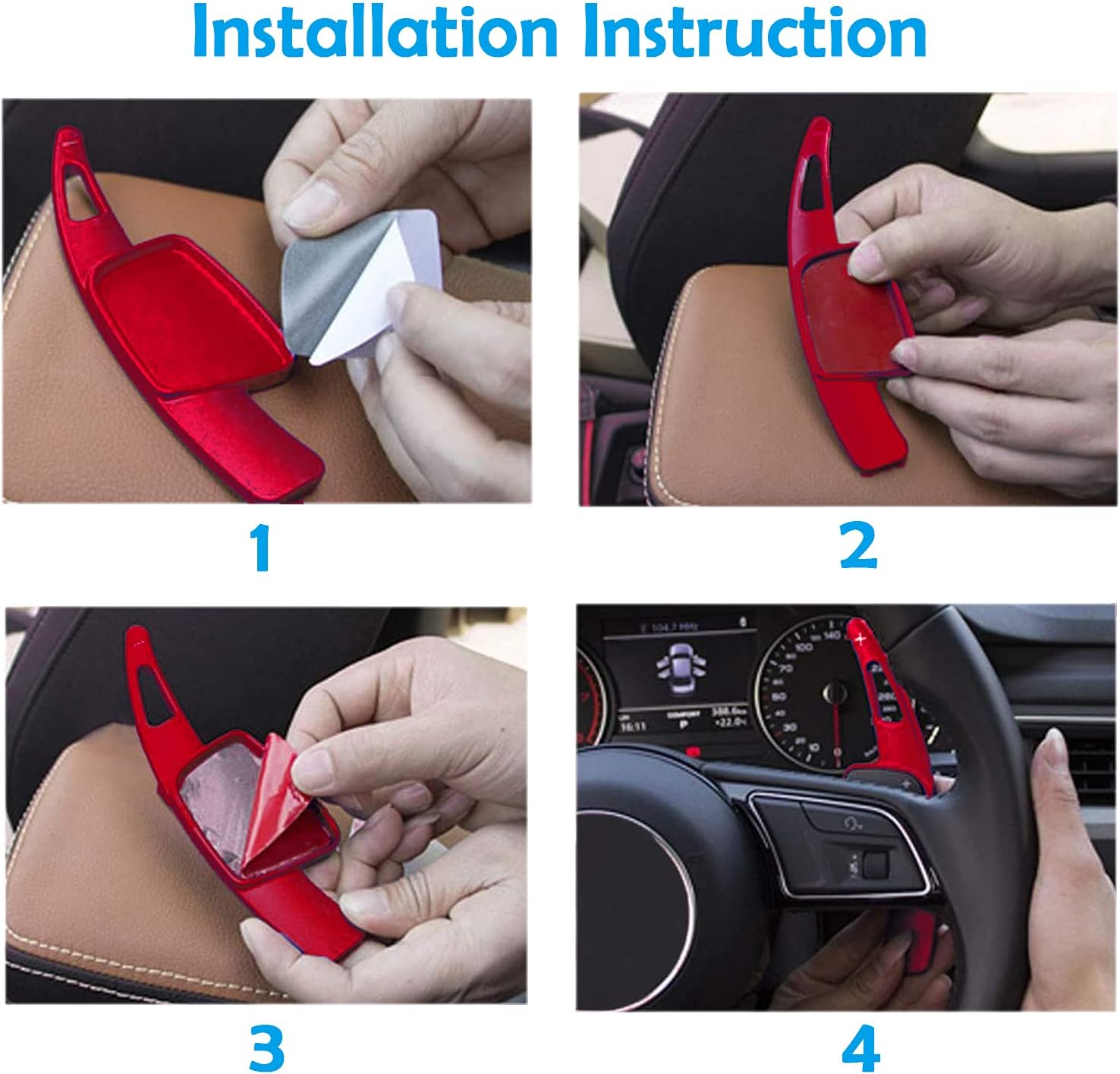 Steering Wheel Paddle Shifter Extensions Fit for Audi A4 2017-2019 A3 S3 2017-2020 A5 S4 S5 2018-2019 Q5 SQ5 2018-2021 Q7 2017-2021 Q8 2019-2021 SQ7 SQ8 2020-2021 TT 2016-2021 TTS 2016-2020 (Red) image number 3