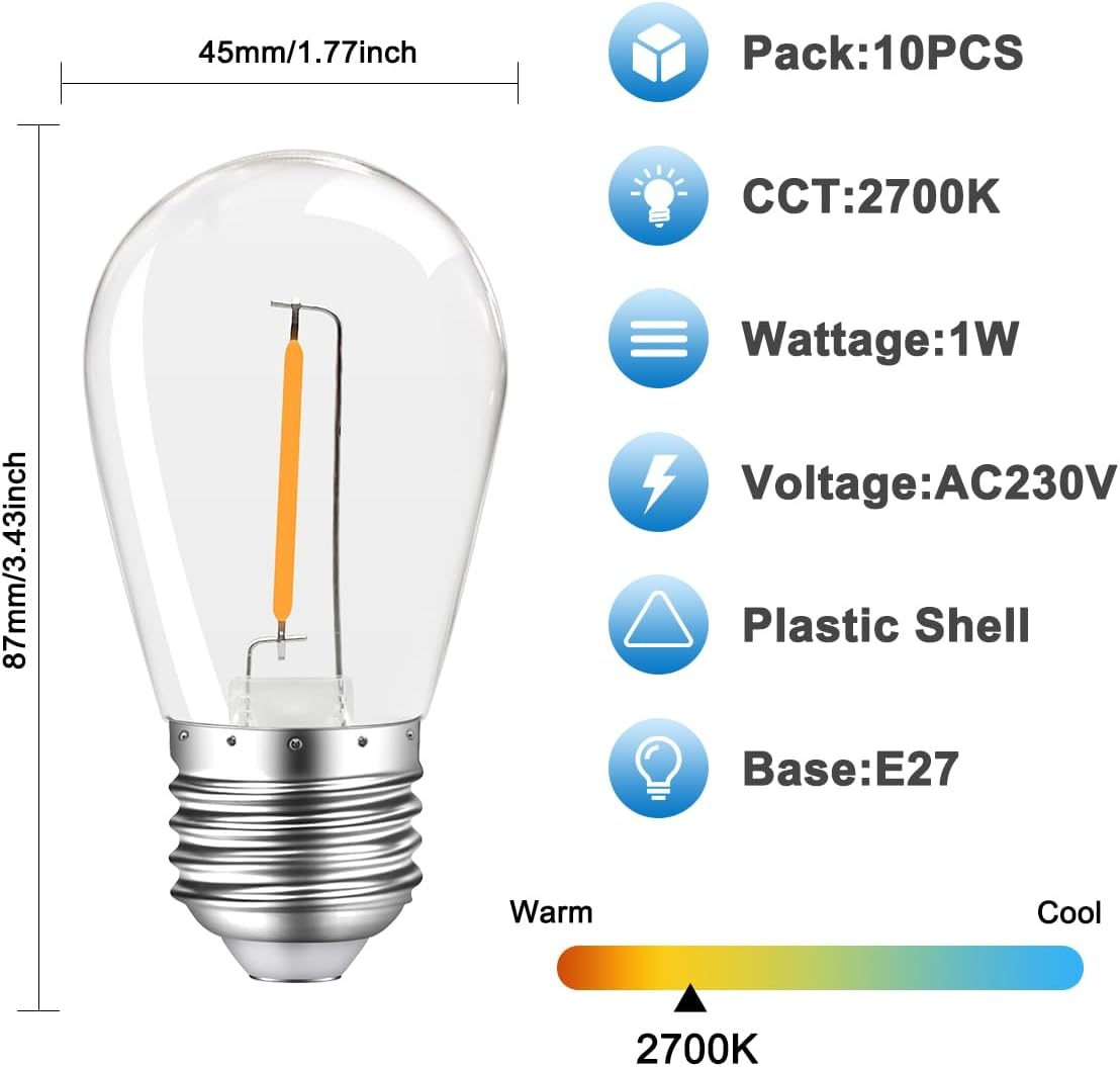 MZYOYO S14 1W E27 LED, E27 LED Vintage Edison Light Bulb, 1W LED Filament Lamp, LED Light Bulb E27, for S14 Outdoor LED Fairy Lights, 2200 K Warm White, Not Dimmable, for Party, Christmas, Plastic,