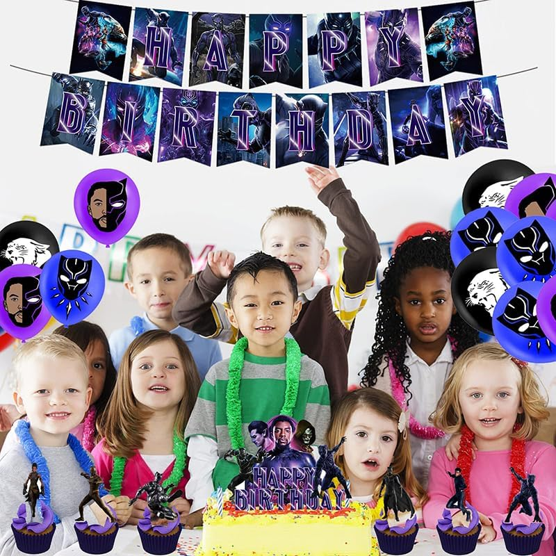 Dinoeye Black Panther Birthday Party Supplies: 18Pcs Balloons, 13Pcs Cake Decorations, 1Pc Banner image number 2