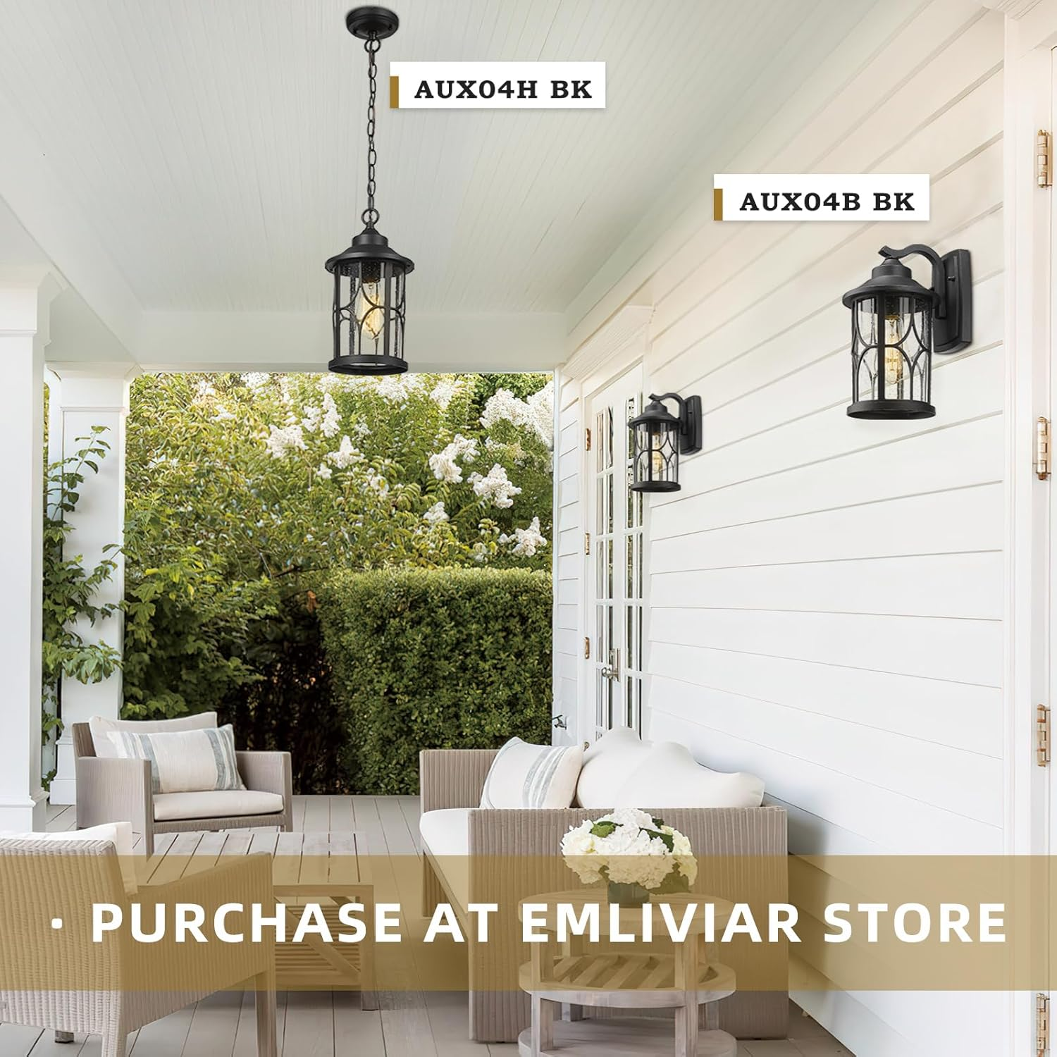 EMLIVIAR Farmhouse Outdoor Wall Lantern - 12 Inch Exterior Wall Sconce, Cast Aluminum with Seeded Glass, Black Finish, AUX04B BK image number 5