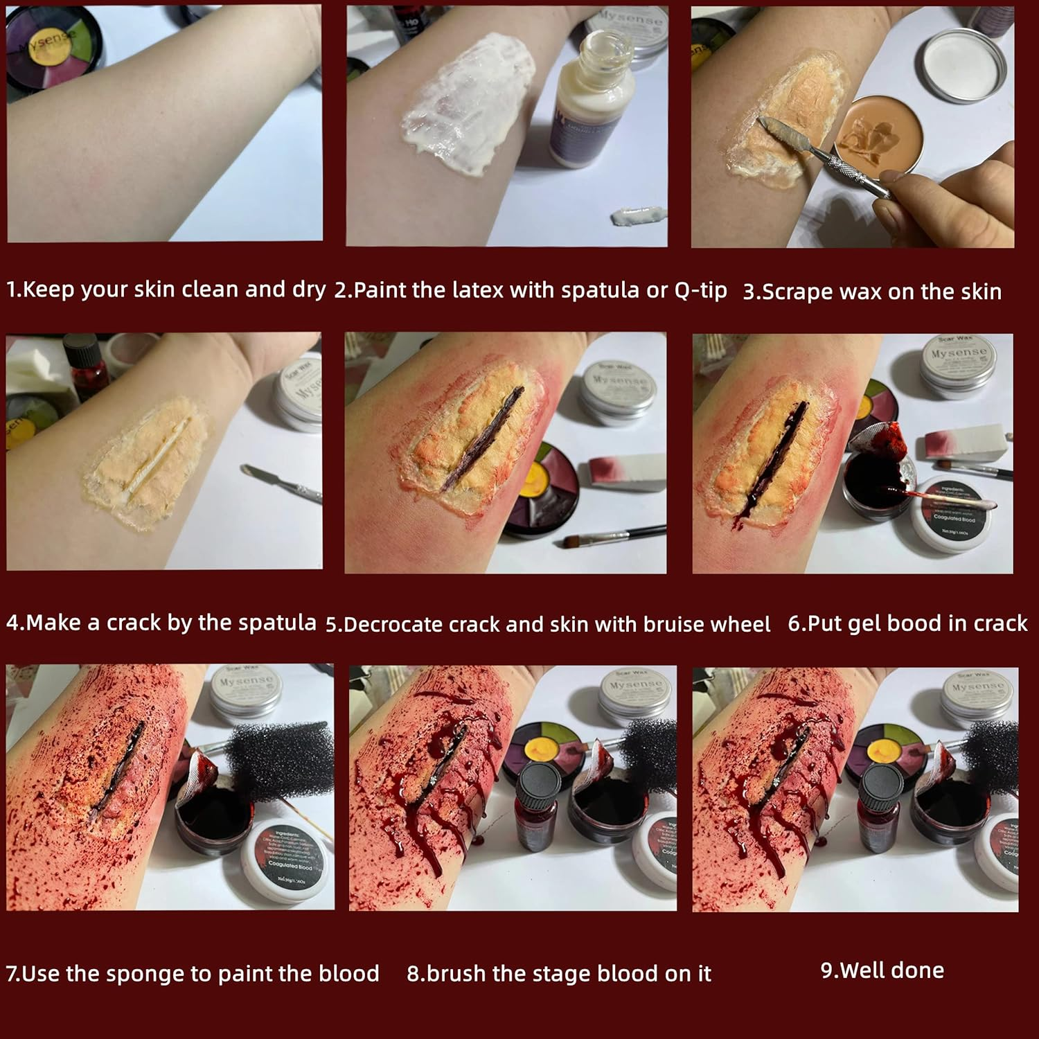 Mysense Liquid Latex Scar Wax SFX Makeup Kit for Fake Scars Wounds Burns with 6 Color Bruise Wheel Face Body Paint Stage Blood Coagulated Blood Gel and Spatula Sponges Q-Tips image number 5