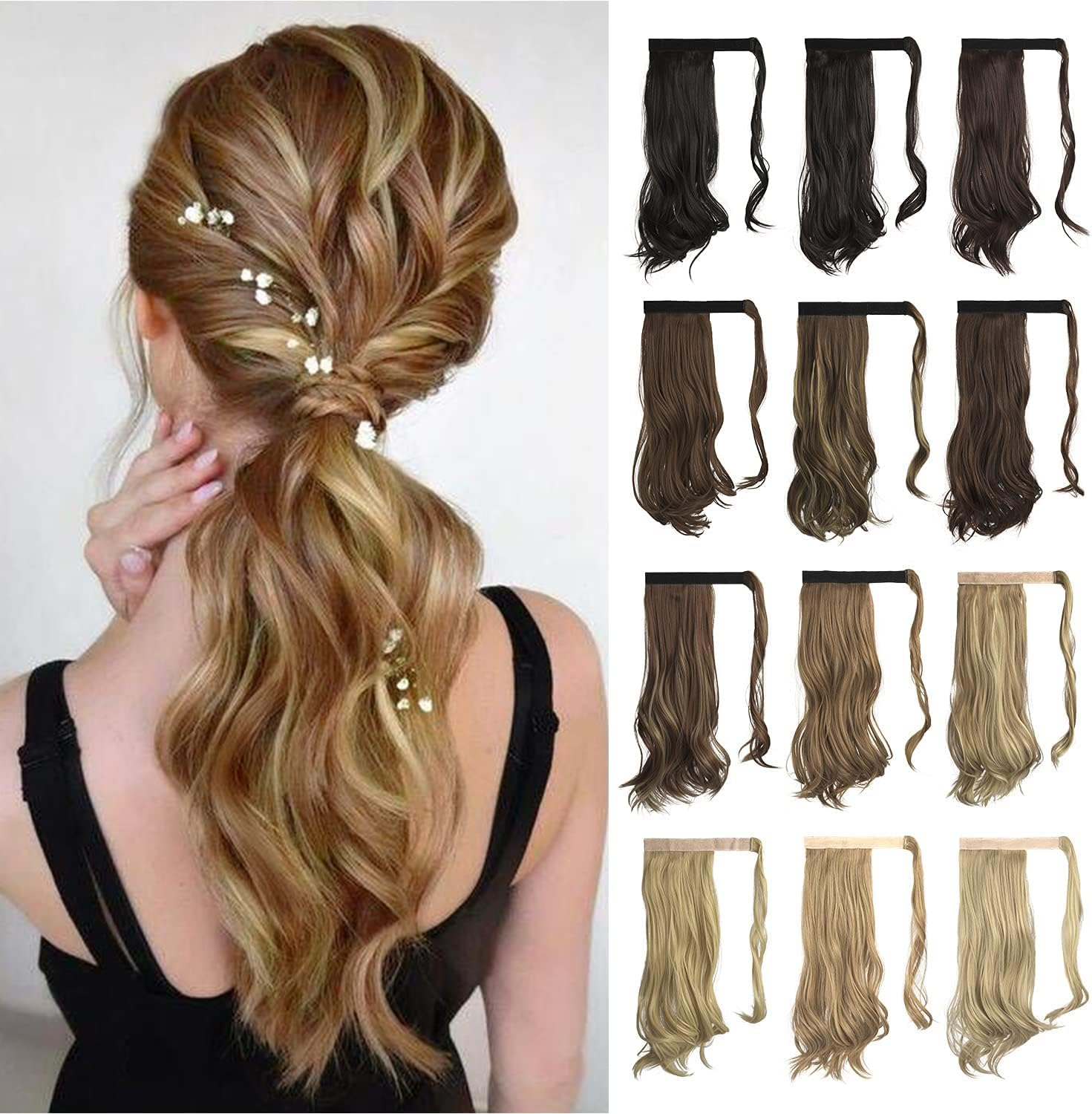 Sofeiyan Ponytail Hairpiece Curly Hair Extension Ponytail Extension Synthetic Natural Wavy Hairpiece Wrap around Pony Tail Hair Extensions 38 Cm Brown & Blonde
