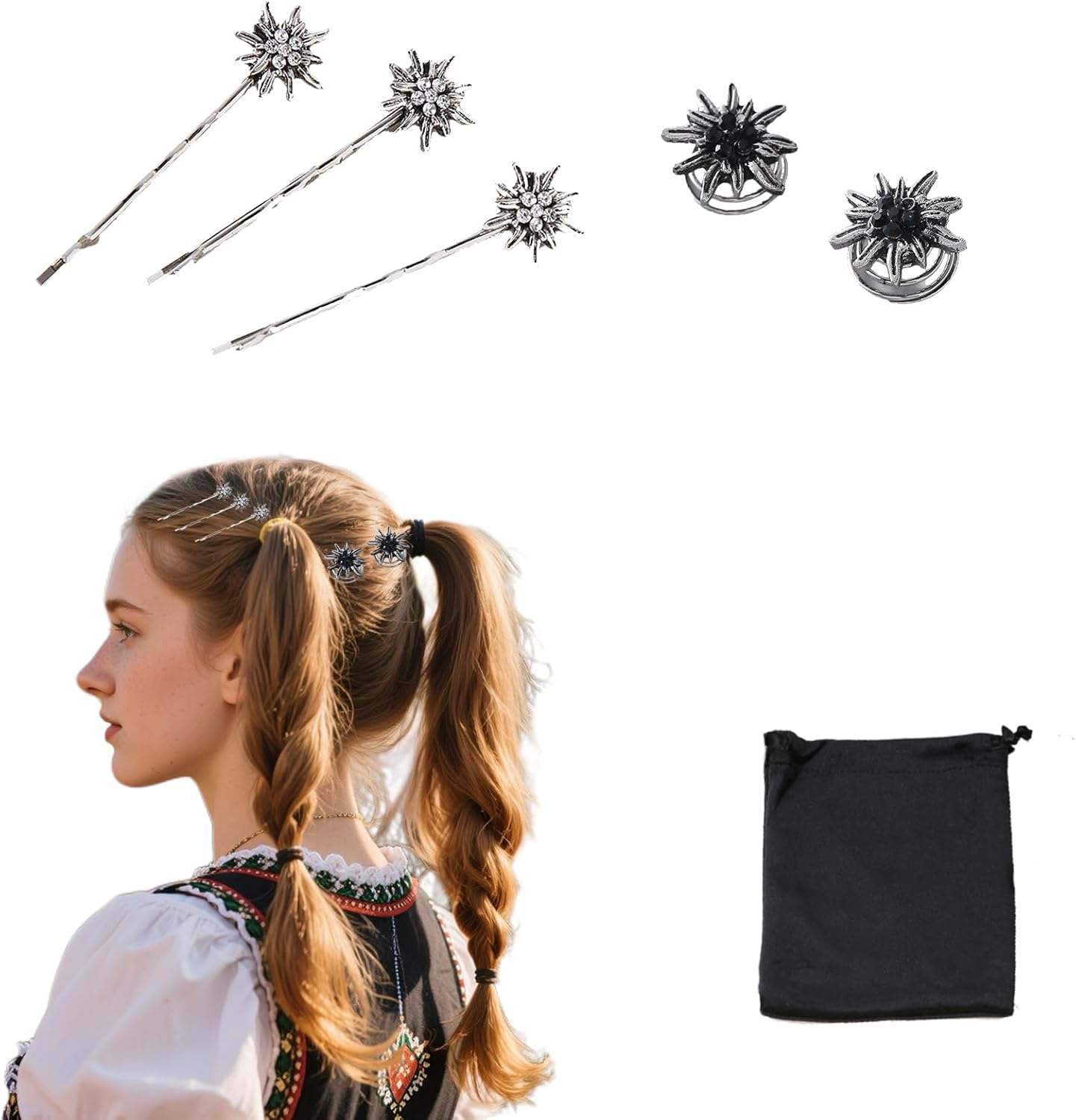 Set of 5 Traditional Rhinestone Edelweiss Hair Accessories, Silver, Hair Clips, Rhinestone Edelweiss Set of 6, Elegant Wavy Shape Hair Clips, Spring Clips for Bavarian Beer Festival, Dirndl Jewellery