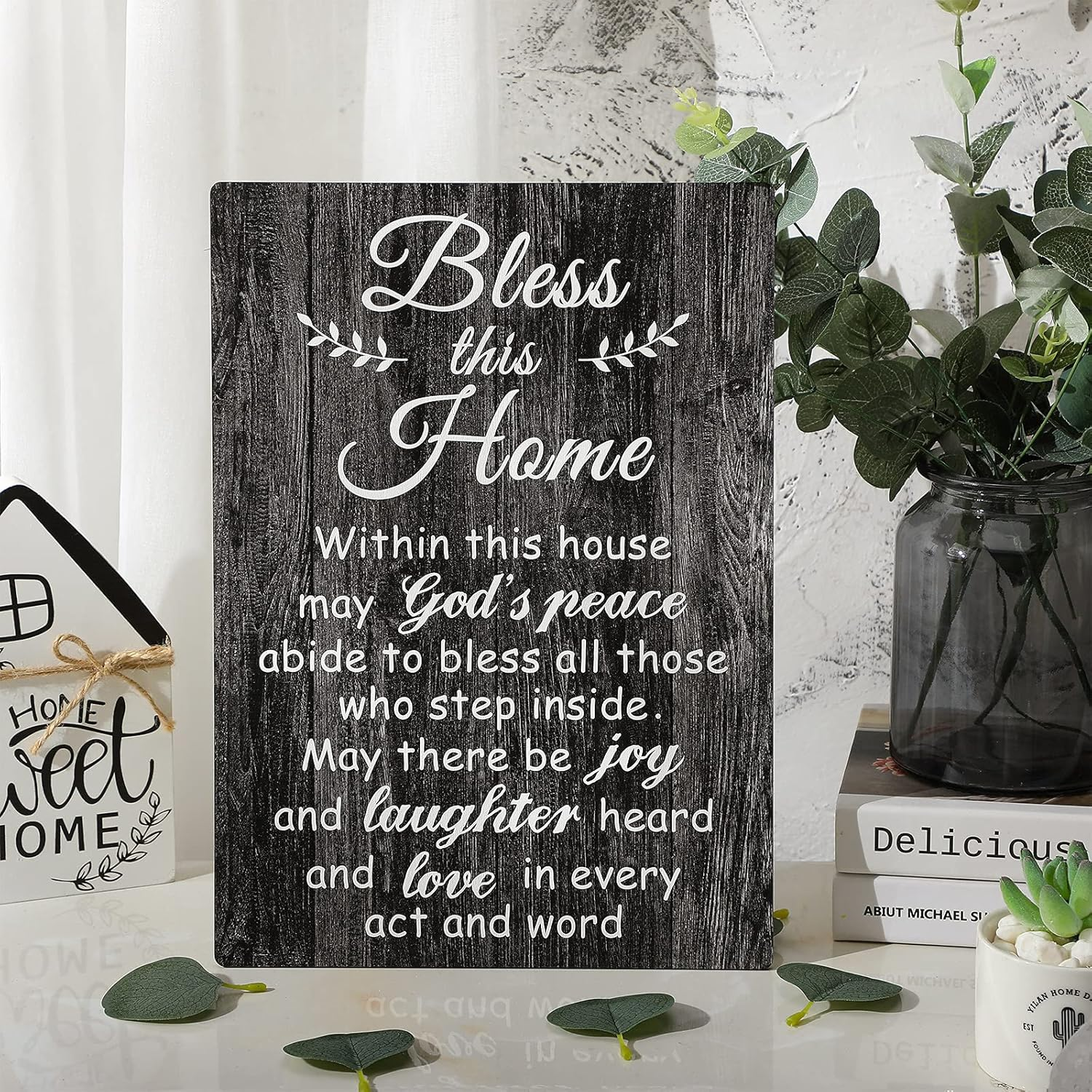 Yalikop House Warming Gifts New Home Bless This Home Wall Decor House Blessing Plaque Farmhouse Entryway Sign Wood Rustic Sign for Living Room Bedroom Homeowner Gift Decor(13.8 X 8 Inches,White)
