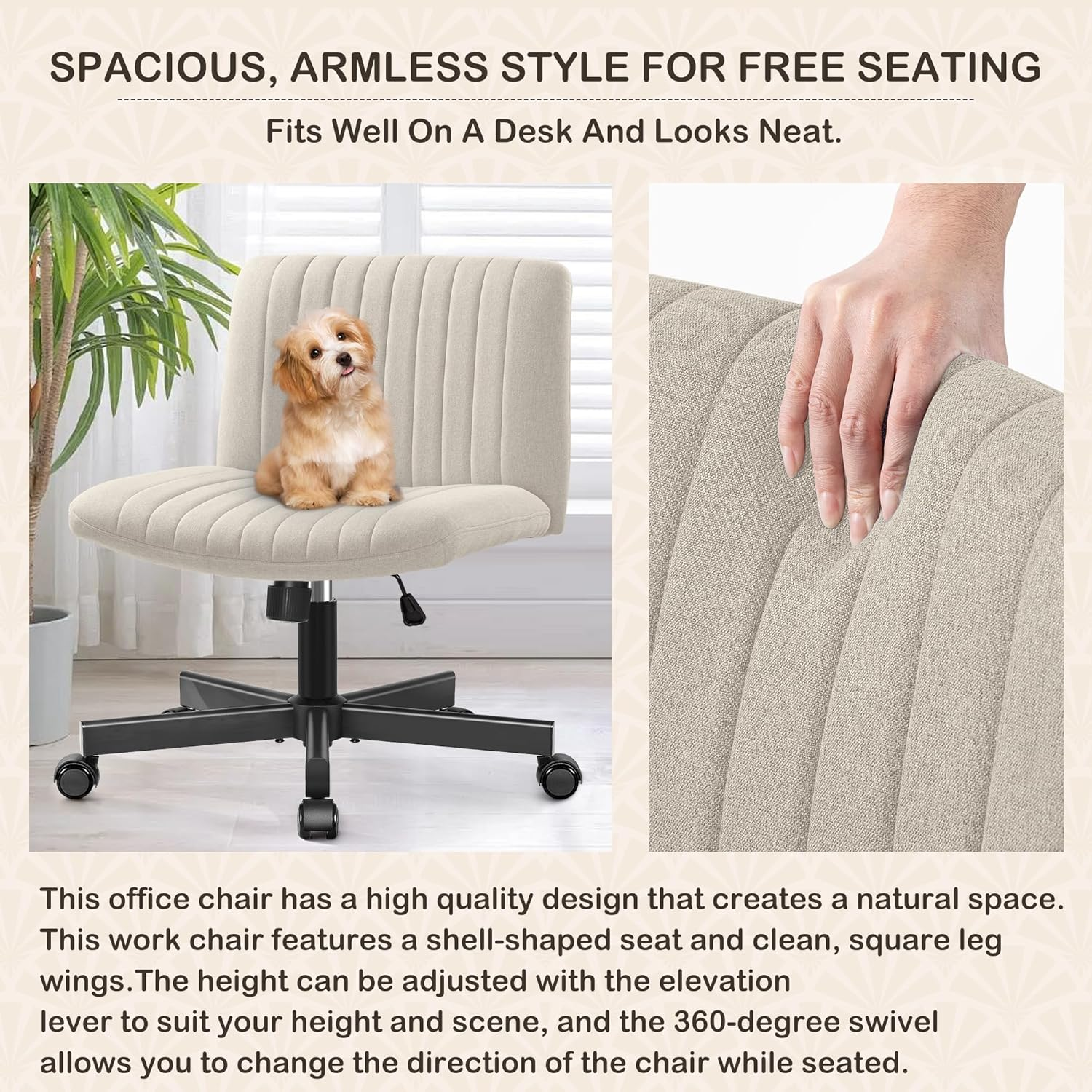 Cross Legged Desk Chair-Wide Seat Fabric Armless Chair Cloth Surface with Wheels, and Upholstered Cushioned Seat,Swivel Desk Chair for Home, Make Up, Bedroom Computer Task Chair, Beige image number 4