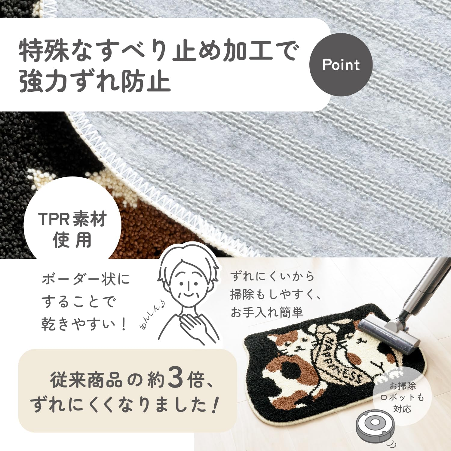 Kakiuchi Multi Mat, Cat Triffle Cat, Width 23.6 X Depth 17.7 X Height 0.5 Inches (60 X 45 X 1.3 Cm), Black, Interior Mat, Antibacterial Treatment, Anti-Slip, Cute image number 3