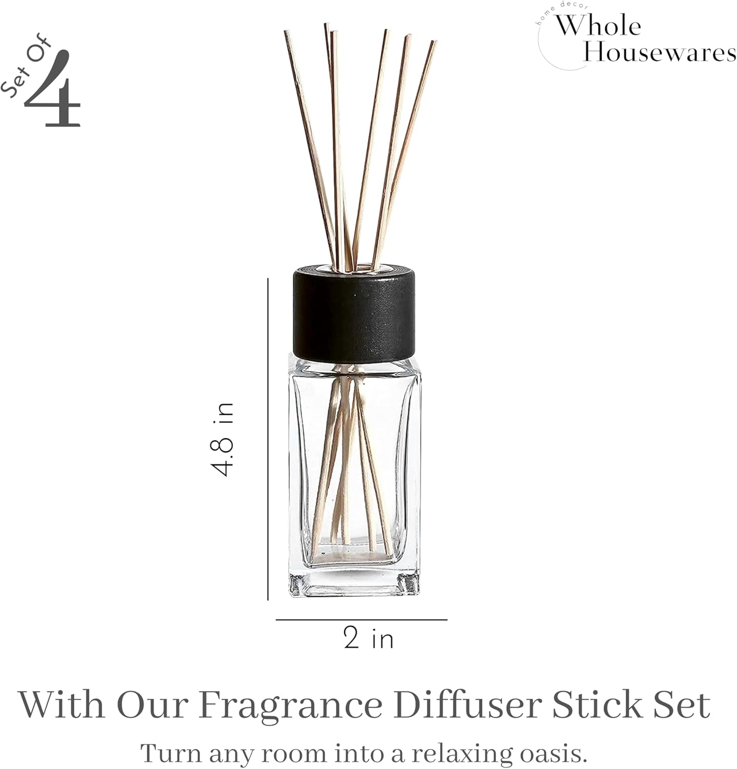 Whole Housewares 100ML 3.4Ounce Clear Glass Diffuser Bottles with 24Pcs Natural Reed Sticks, 4.7" H Square Diffuser Bottle with Black Wood Caps, Set of 4 image number 4