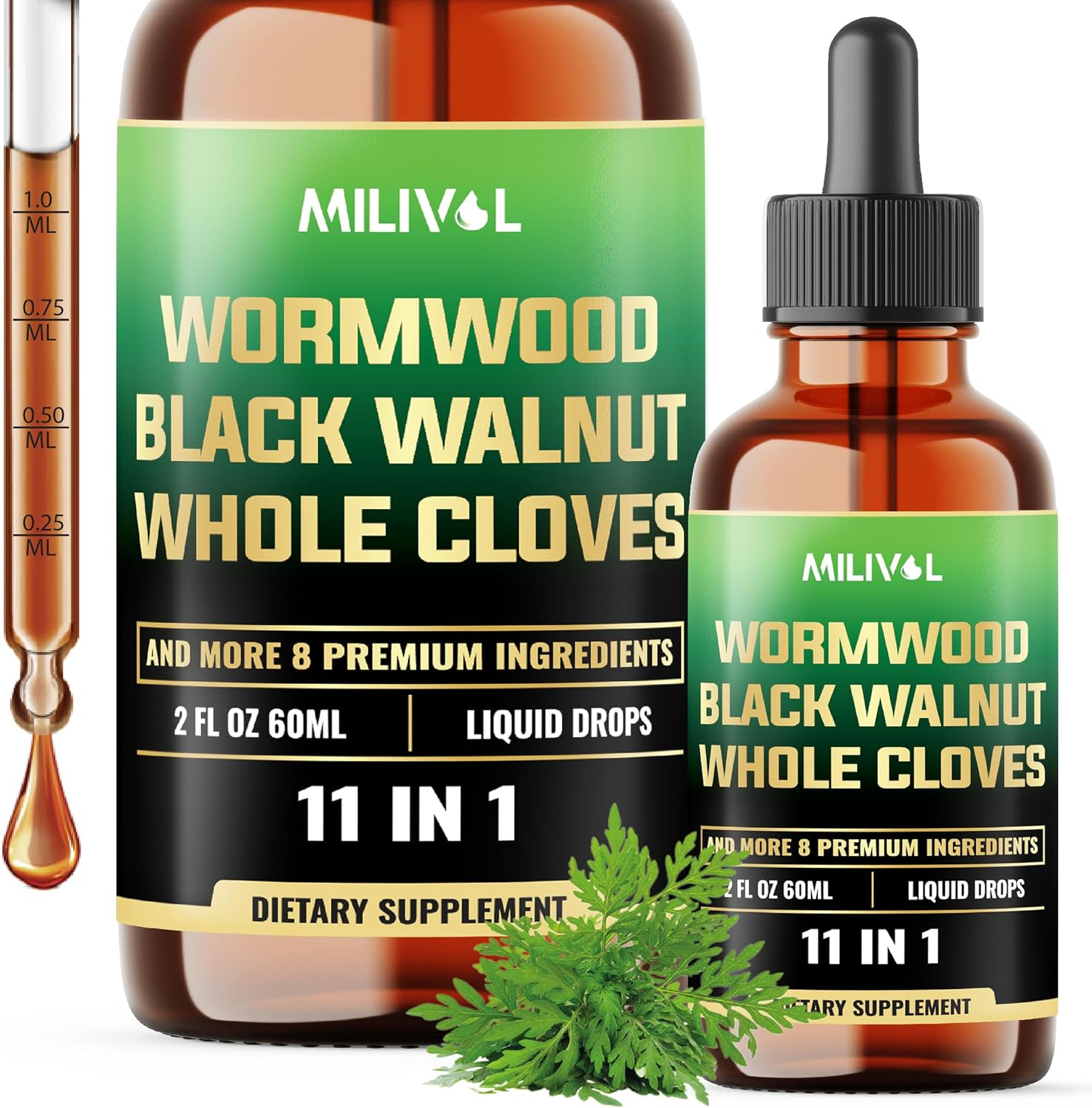 MILIVOL Wormwood Liquid Drops - Wormwood Extract Tincture with Black Walnut, Whole Cloves & 8 More Herbs - 2 Fl Oz for 60 Days Supply image number 1