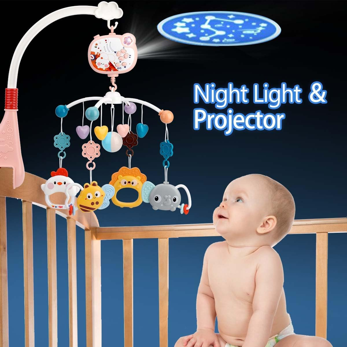 Baby Crib Mobile with Musical, Night Light ＆ Moon Star Projector, Mobile for Crib with Remote Control Timing Function, 360&deg; Rotation Crib Toys for Newborn Infant Boys and Girls(Pink)