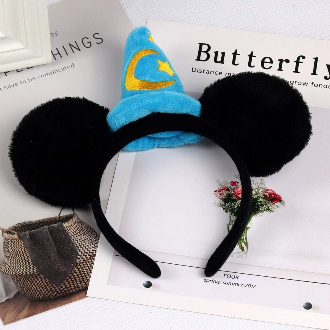 Glitter Black Mouse Ears Headband Sequin Costume MM Butterfly Hair Hoop Adults Women Girls for Family Trip Park Cruise Photo (Yellow Moon Stars) image number 2