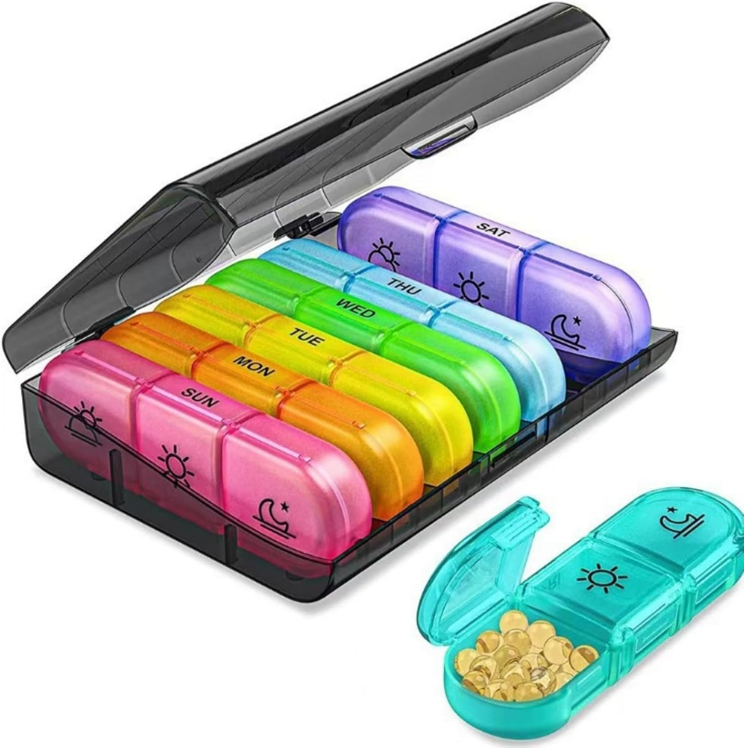 Weekly Pill Organizer 3 Times a Day, Large 7 Day Pill Box with Separate Container, Portable Pill Case for Medication, Vitamins, Fish Oil and Supplements (Transparent)