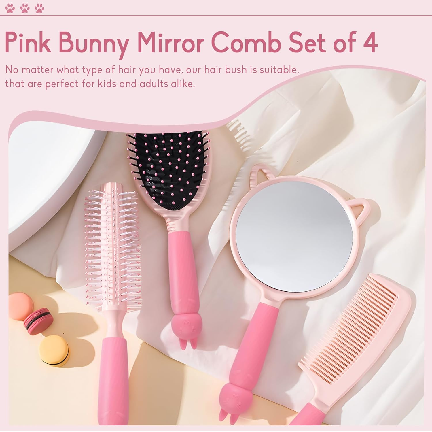 MEGAVOW 4 Pcs Cute Hairbrush Hand Mirror Set, Detangle Massage Comb, Fine Tooth Comb, Rabbit Personalised Handheld Mirror, round Curly Brush for Girls Wet Dry Hair Styling (Pink) image number 3