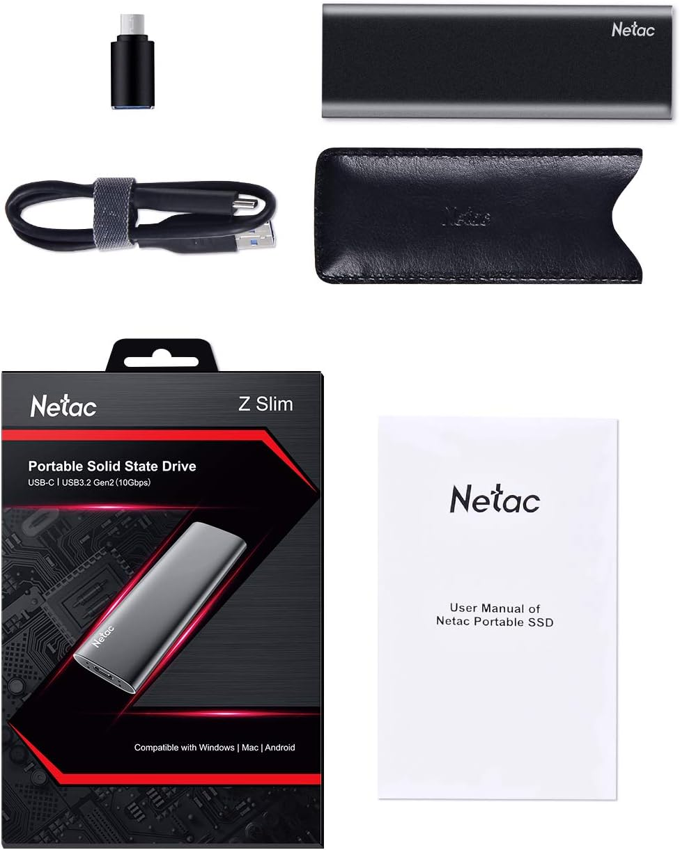 Netac 250GB Z Slim 550Mb/S USB External Hard Drive SSD Portable High Speed USB 3.2 Gen 2 Type-C Aluminum Black Portable SSD