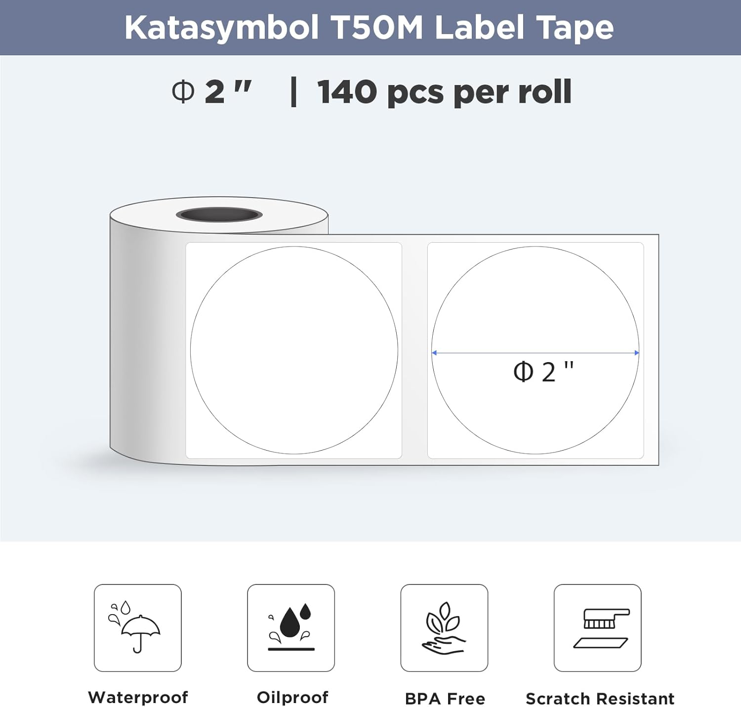 SUPVAN T50M Label Maker Tape Adapted Label Print Paper Refill White round Size &Phi;2 140Pcs Thermal Laminated Waterproof Self-Adhesive Multipurpose Labeling Tape Replacement