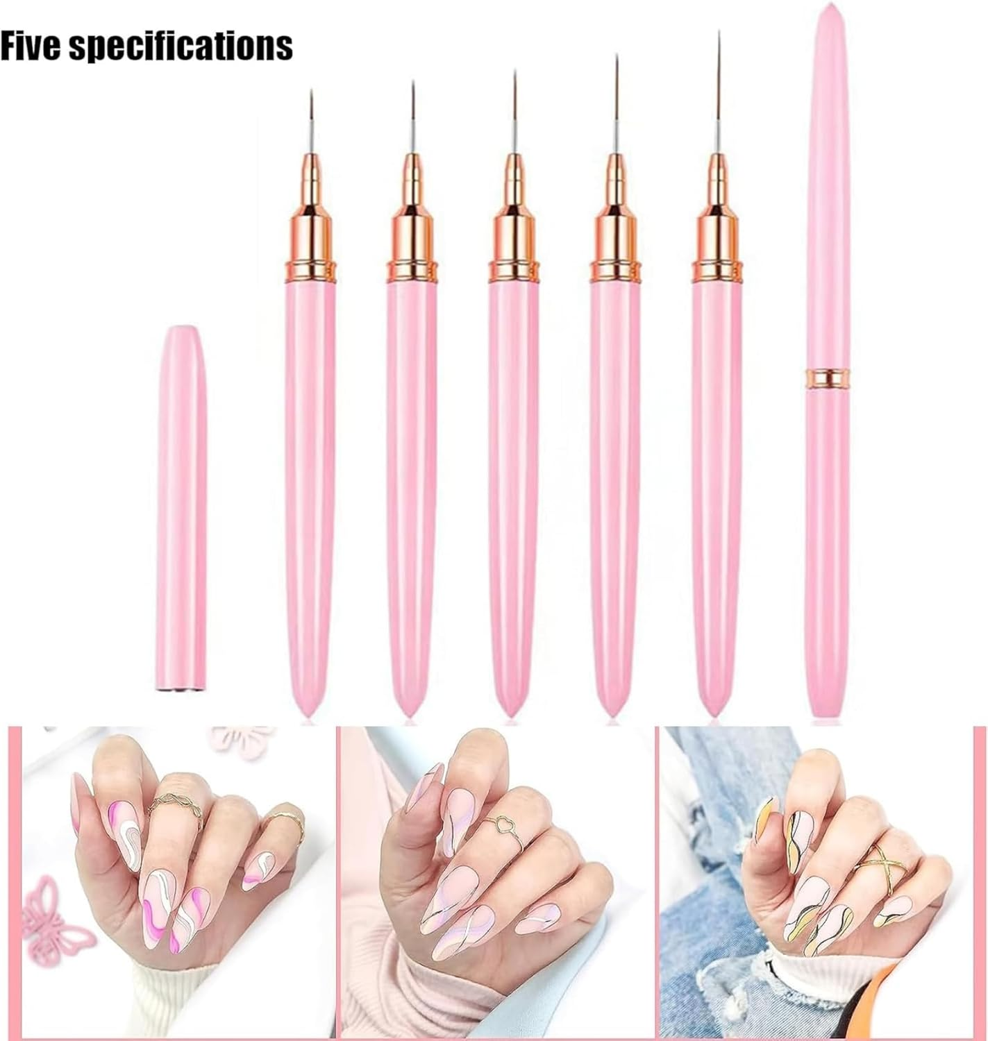 5 Pcs Nail Art Liner Brushes, Nail Art Brush for Long Lines, Liner Brush UV Gel Polish Painting Nail Design Brush Metal Handle Nail Drawing Pens, Sizes 5/8/12/20/25Mm image number 2