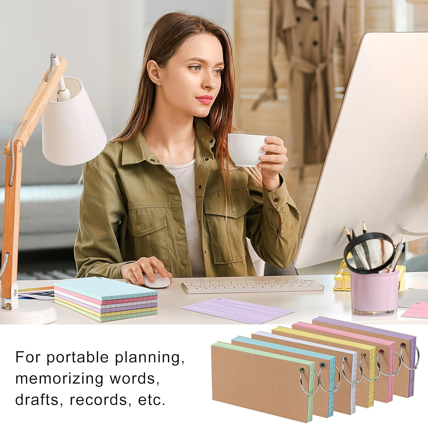 300 Revision Cards, 6 Packs Index Cards with Binder Rings, Multi-Color Kraft Record Cards for Note-Taking, Language Learning, 12.5 * 7.5Cm