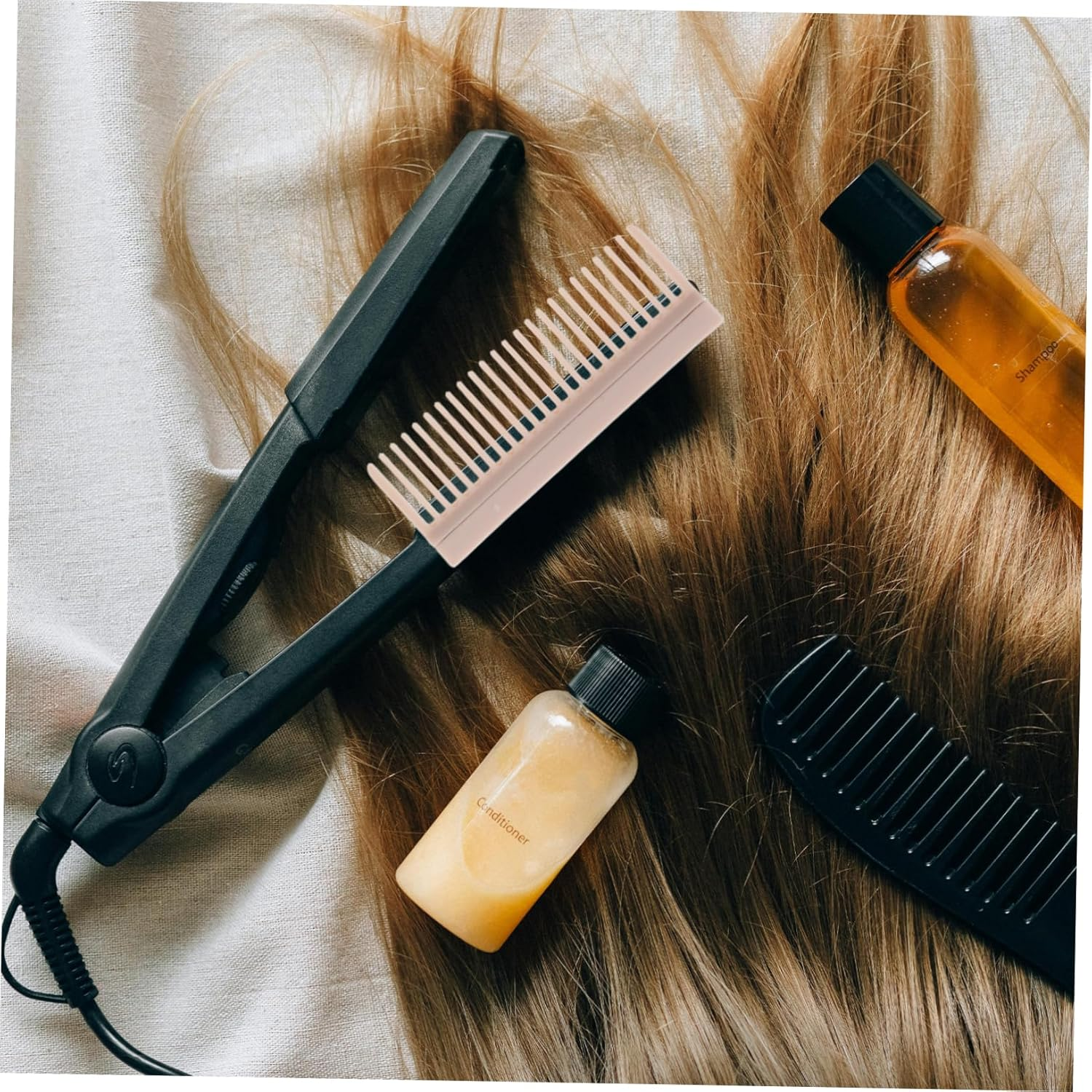 FONDOTIN 2Pcs Carbon Fiber Hot Comb Straightener Removable Clip Hair Brush Attachment for Women Men Salon Smoothing Styling Tool with Teeth Heat Resistant Travel Friendly Hair Styling