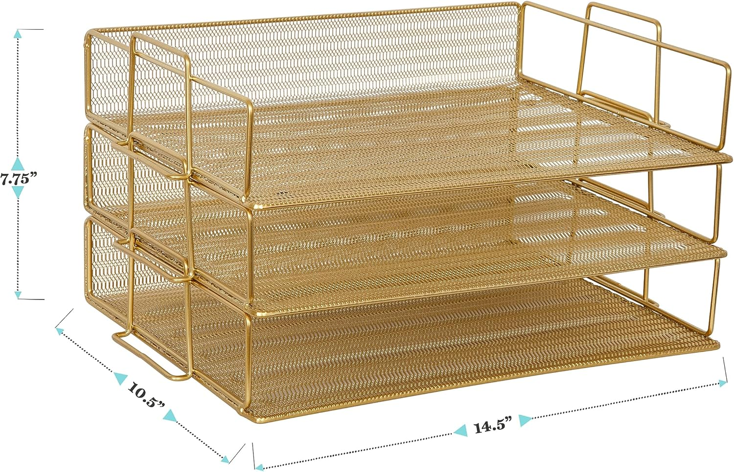 Martha Stewart Ryder 3 Tier Desk Letter Tray Organizer, Stackable Steel Mesh Inbox Tray for Files, Papers, or Letters, Gold image number 3
