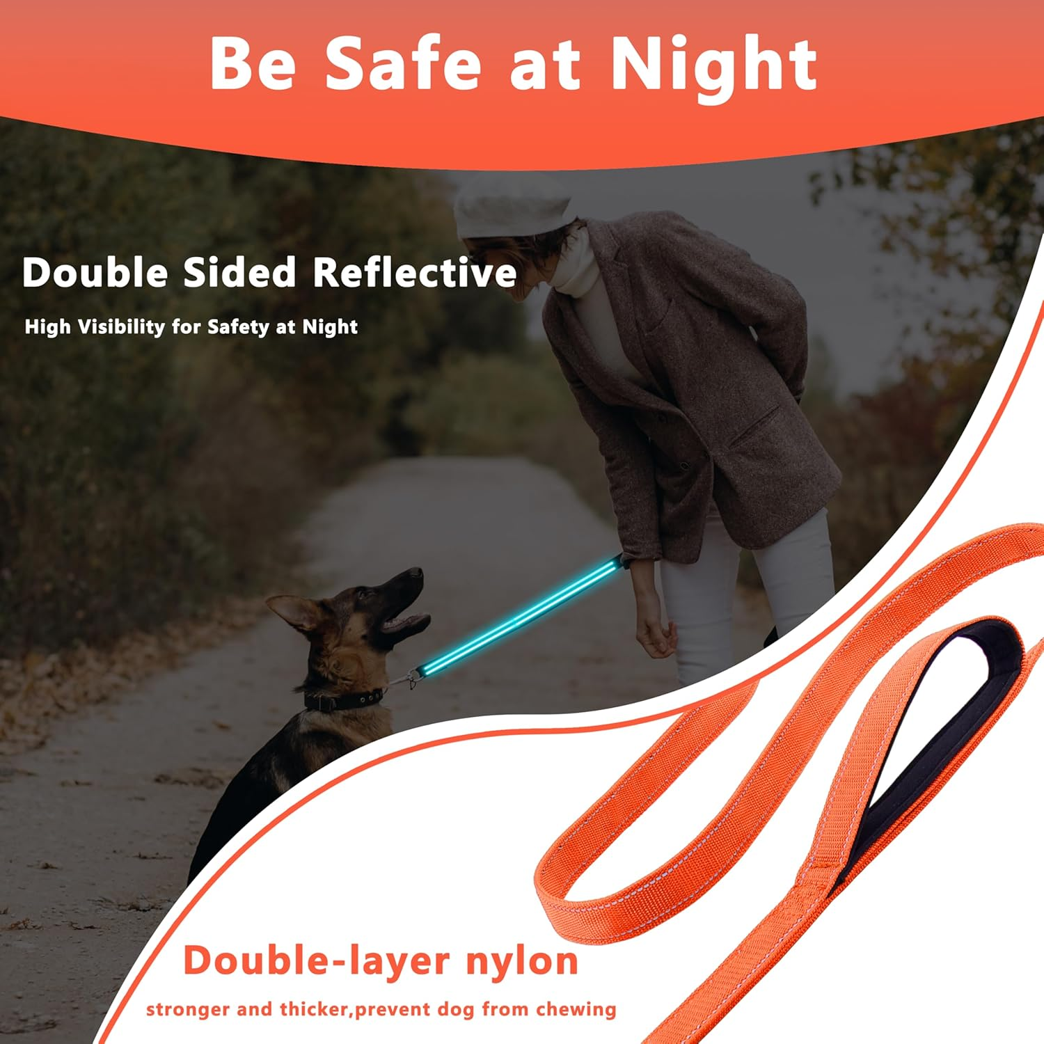 LIEVUIKEN Dog Leash 4Ft Long, Double Handle Dog Leash for Safety Control Training, Heavy Duty Dog Leads with Traffic Padded Handles, Reflective Leashes for Small Medium Large Dogs(4Ft, Orange)