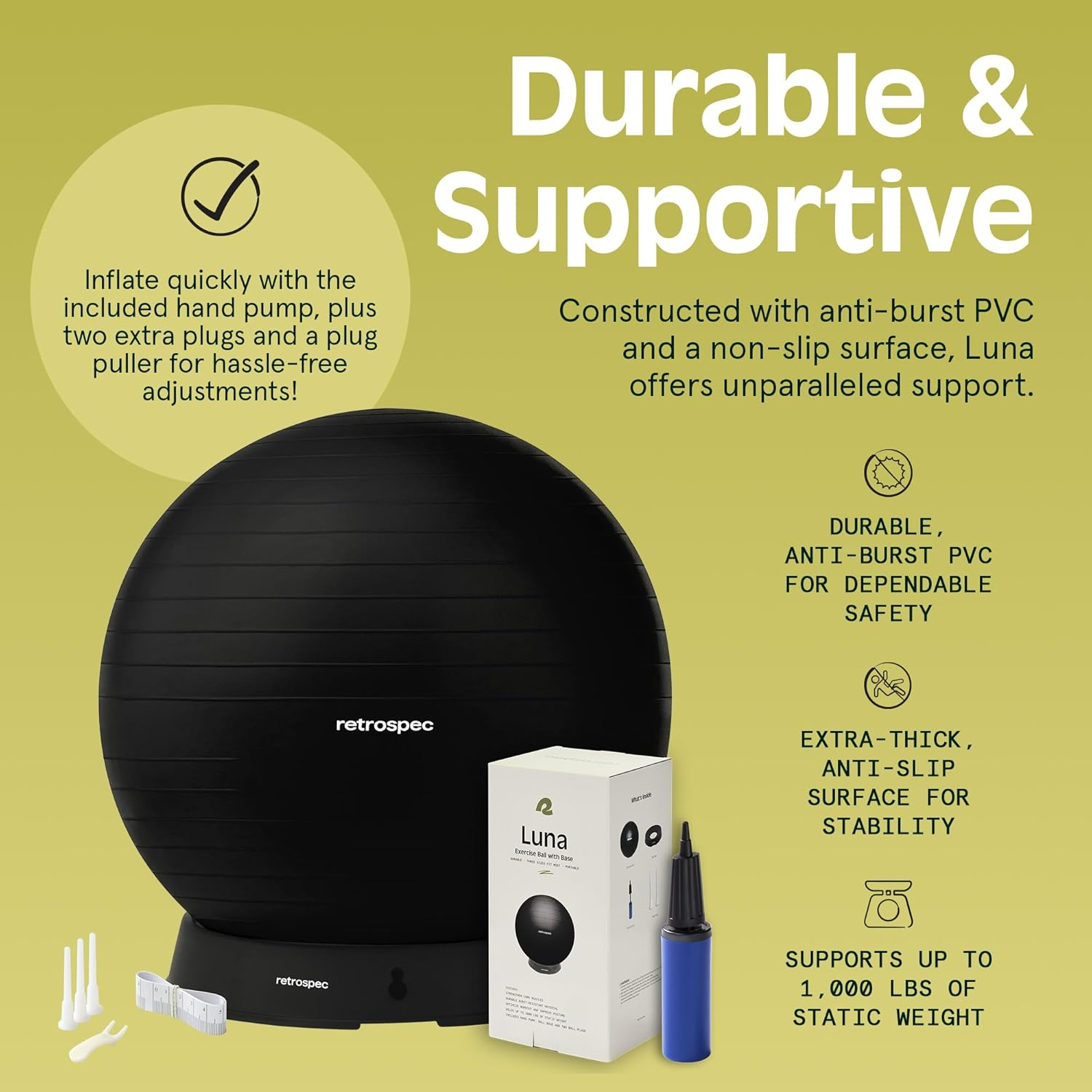 Retrospec Luna Exercise Ball, Base & Pump/Ball & Pump with Anti-Burst Material - Fitness Gym Swiss Ball - Perfect for Balance, Stability, Yoga, Pilates, Pregnancy & Birthing image number 5
