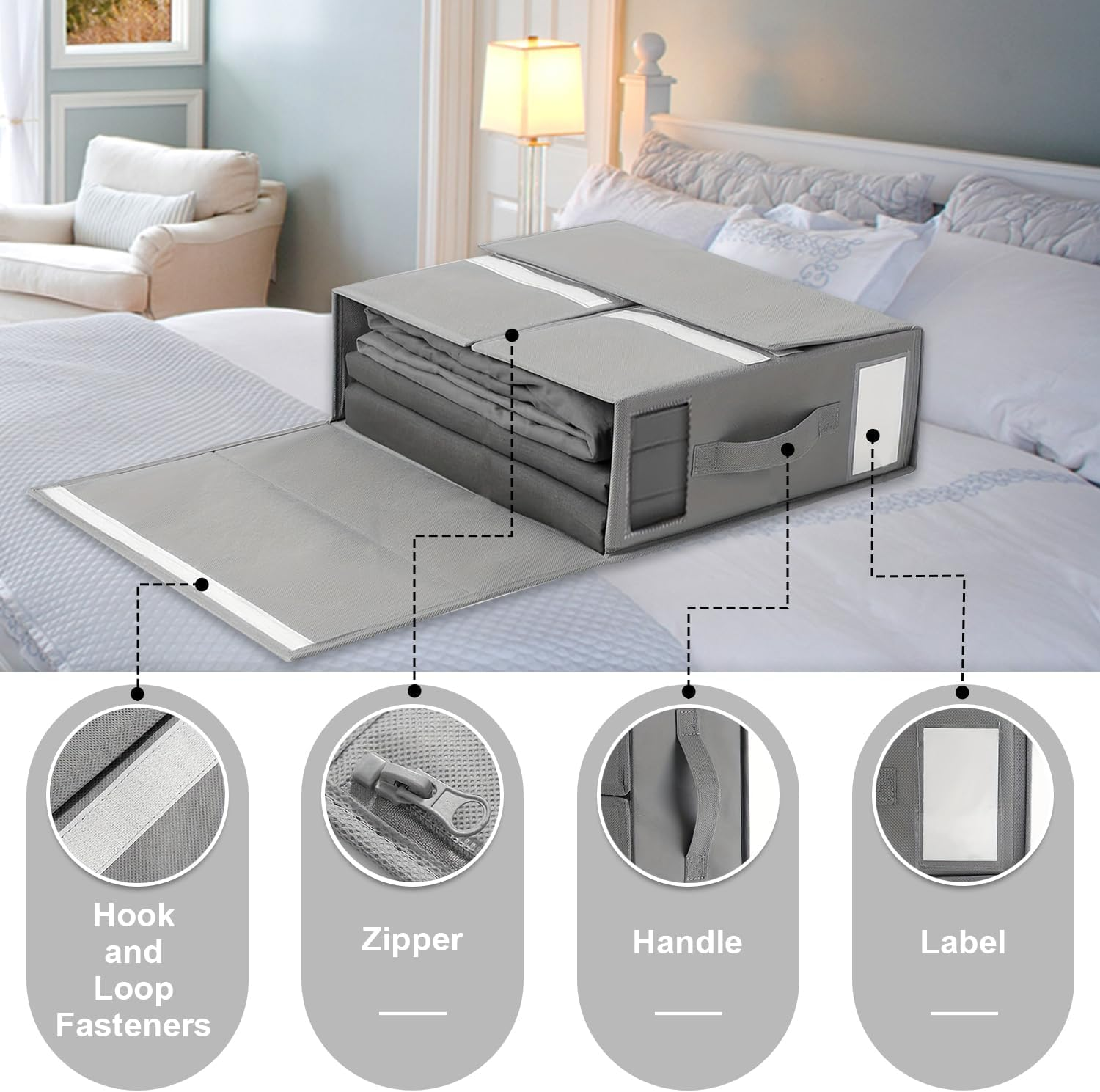 BDZBREN Bed Sheet Organiser and Storage, Foldable Bedsheet Organizer for Linen Closet, Sheet Set Organiser with Window XL (Queen & King Size) Organizing Bedding Container Box (4 PACK, Grey) - Grey image number 3