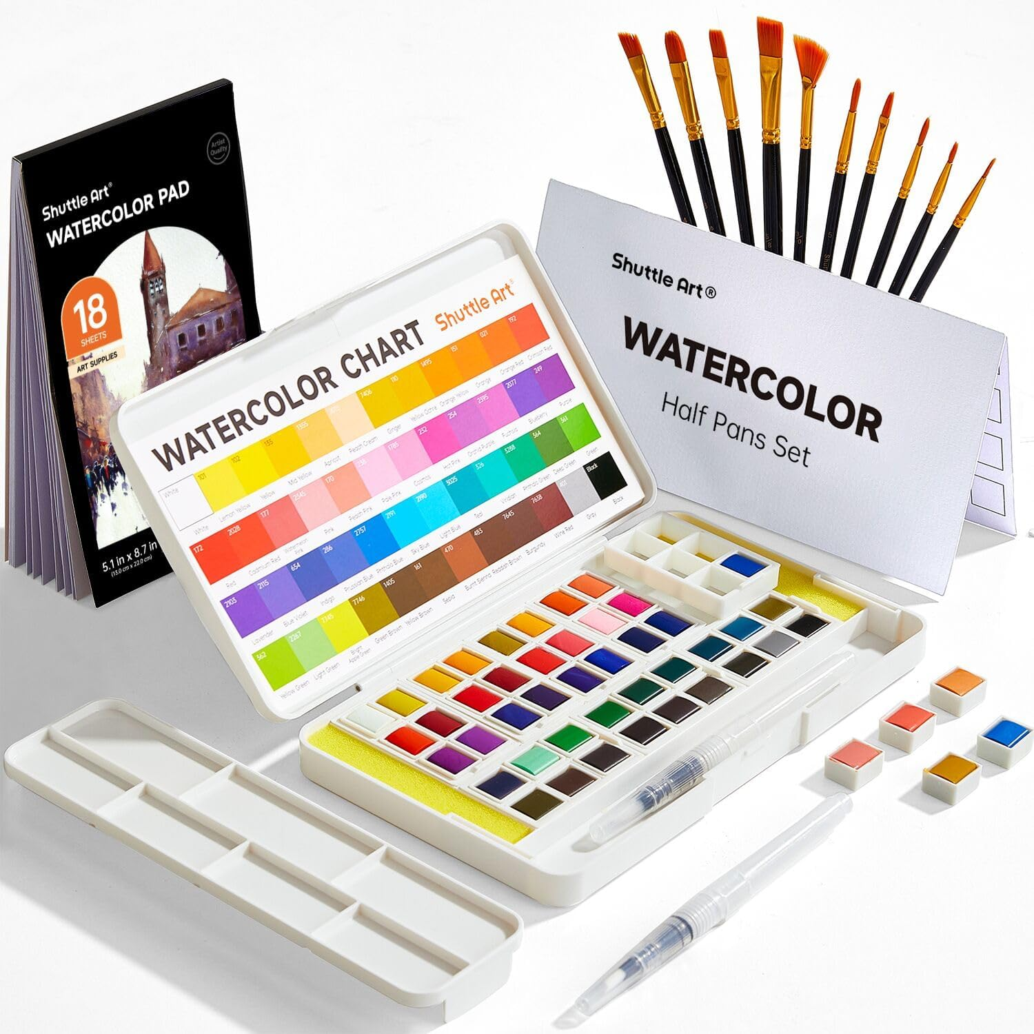 Shuttle Art Watercolour Paint Set, 48 Colours Watercolour Paint in Half Pans with 2 Water Brush Pens, 10 Paint Brushes, 1 Watercolour Pad, 1 Palette, 2 Colour Charts, Watercolour Kit for Kids Adults
