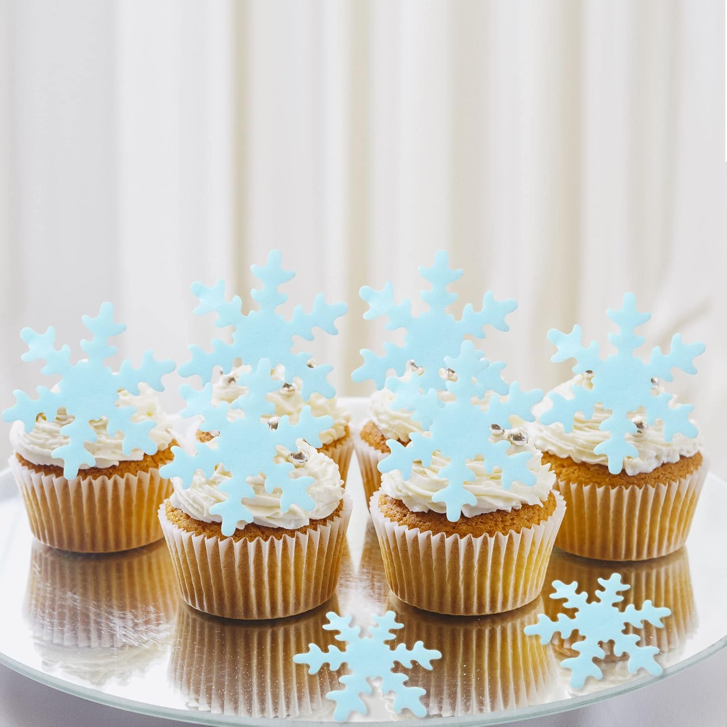 50Pcs Blue Edible Snowflake Cupcake Toppers Snowflakes Cake Topper Decorations for Christmas Winter Holiday Frozen Theme Babyshower Birthday Wedding Party Supplies