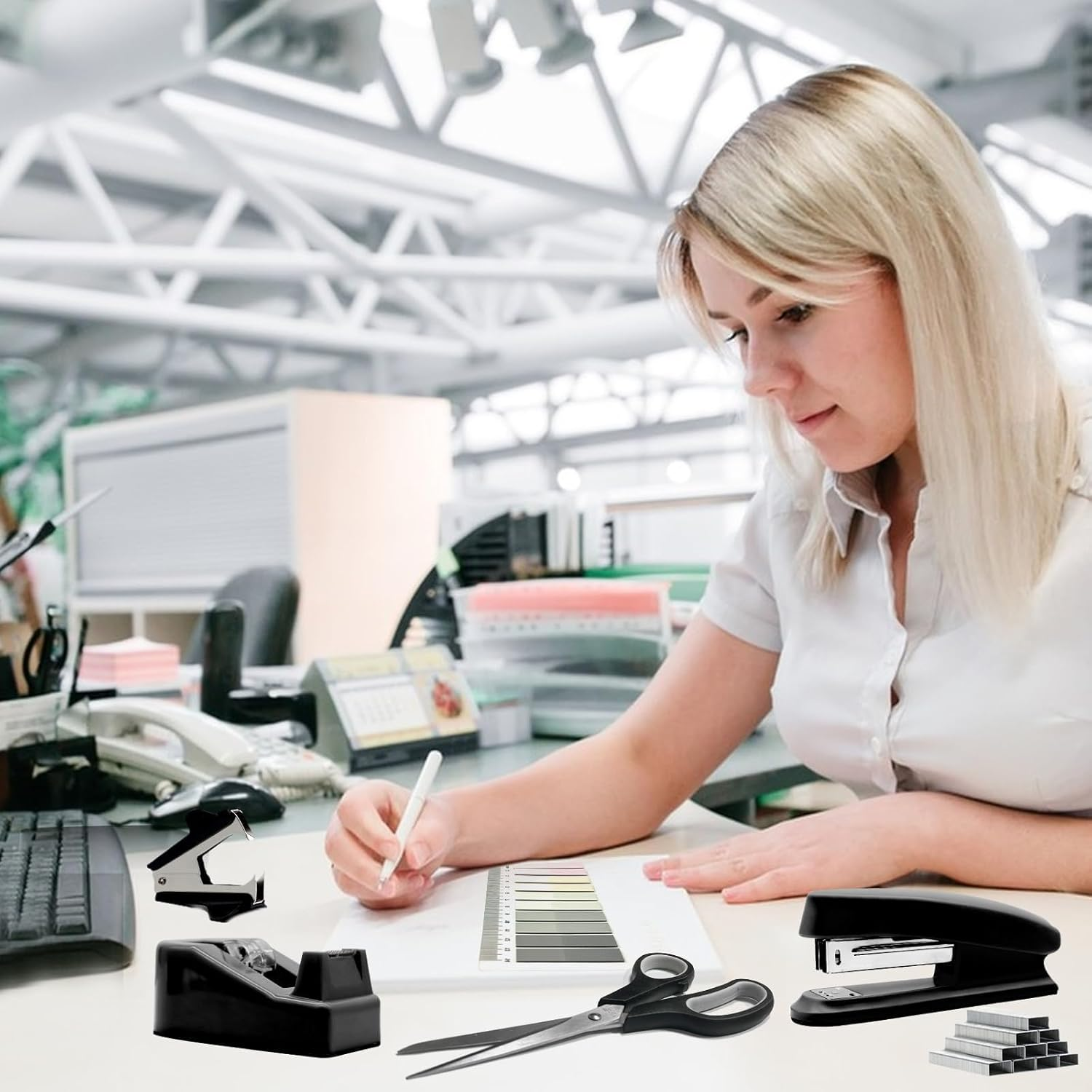 Bytebliss Black Desk Accessories Kit - Stapler, Tape Dispenser, Scissors, Clips & Tabs - Office, School & Travel - Classic Style image number 2