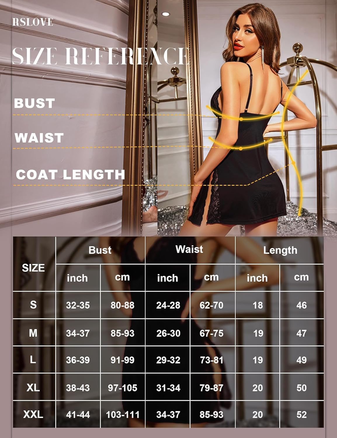 RSLOVE Women'S Lingerie Sexy Nightgown Lace Babydoll Deep V Chemise Side Slit Nightie Sleepwear image number 4