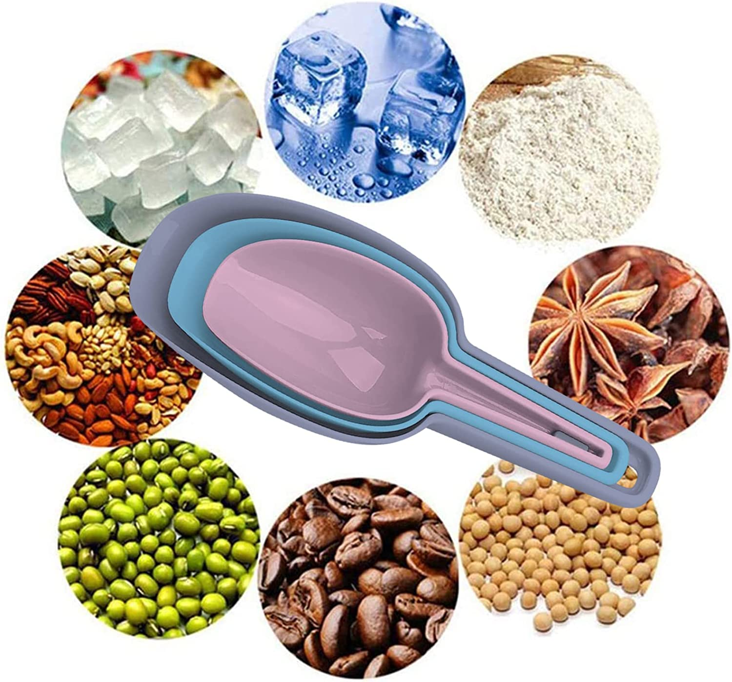 Ice Scoop Set of 3,Multi Purpose Plastic Kitchen Scoops Canisters,Ice Scooper for Freezer,Rice,Canisters,Flour,Dry Foods,Candy,Pop Corn,Coffee Beans and Pet Food - Gray+Blue+Light Blue image number 4