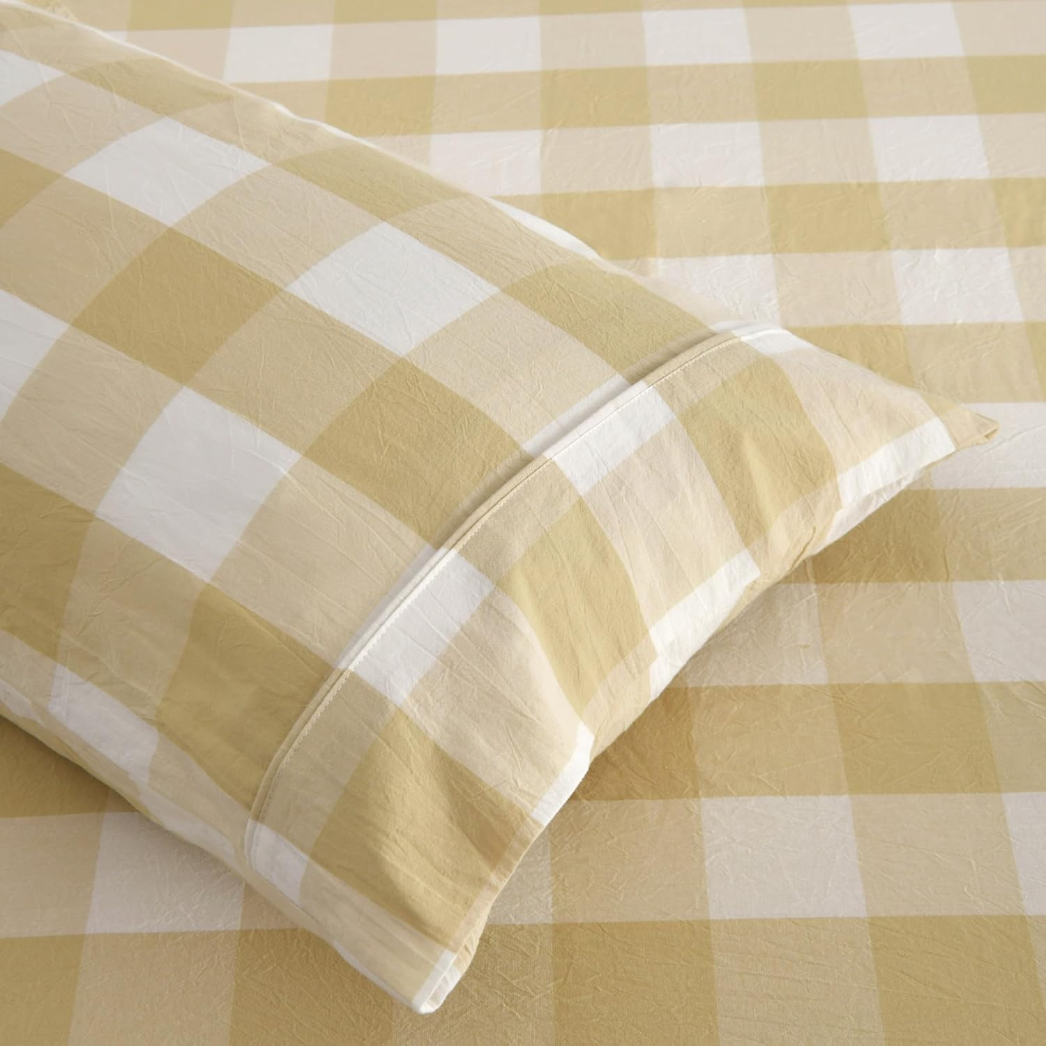 Dreamaker Single Sheet Set Remy Pre-Washed Cotton Yarn Dyed Check Bed Sheets All Seasons Long-Lasting Colour Breathable Ultra Soft Bedding Flat, Fitted Sheet Set Oeko-Tex Certified - Sand image number 3