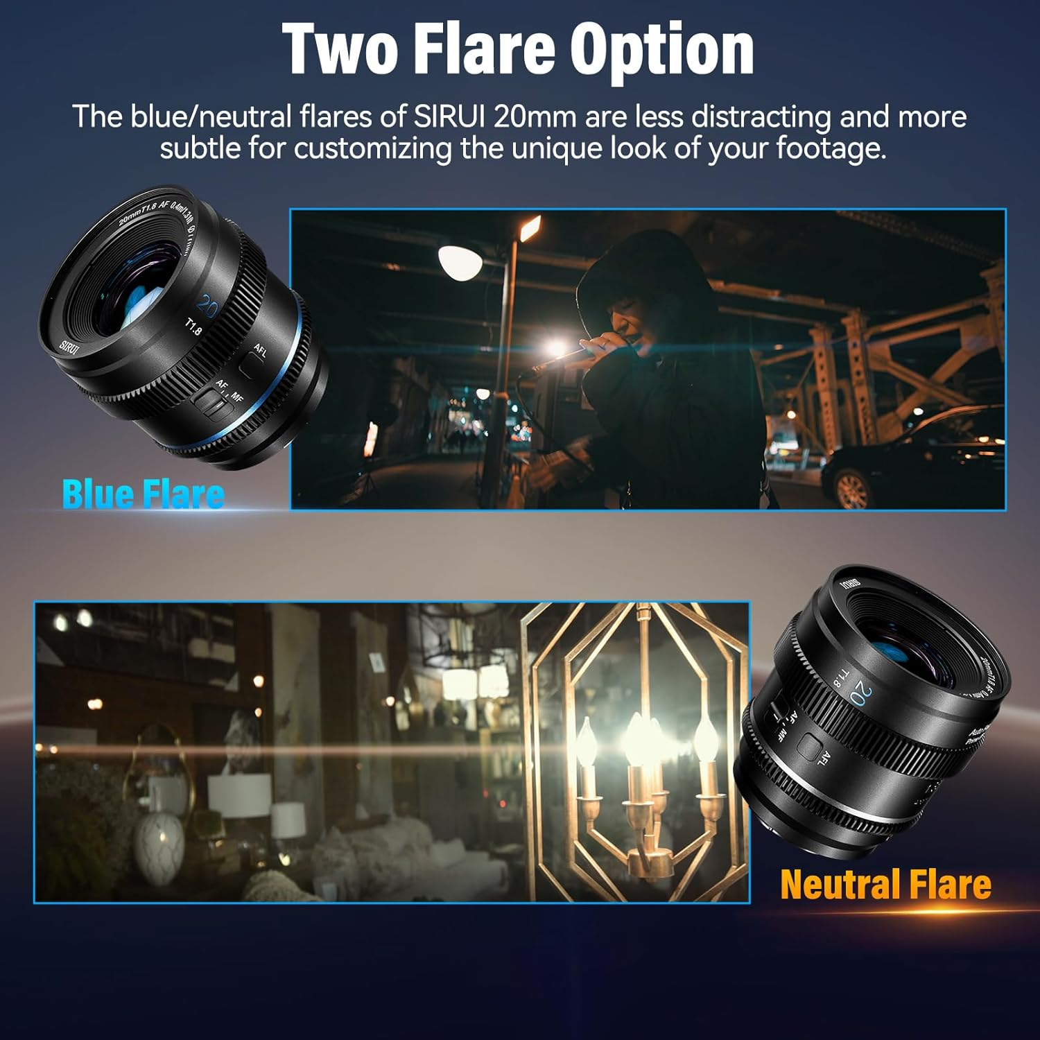 SIRUI 20Mm T1.8 1.33X Anamorphic Lens S35 Autofocus Lens (Compatible with E-Mount) A6500/A6700/FX3/30/ZV-E Series/A7 Series/A9/9Ii-Neutral Flare image number 2