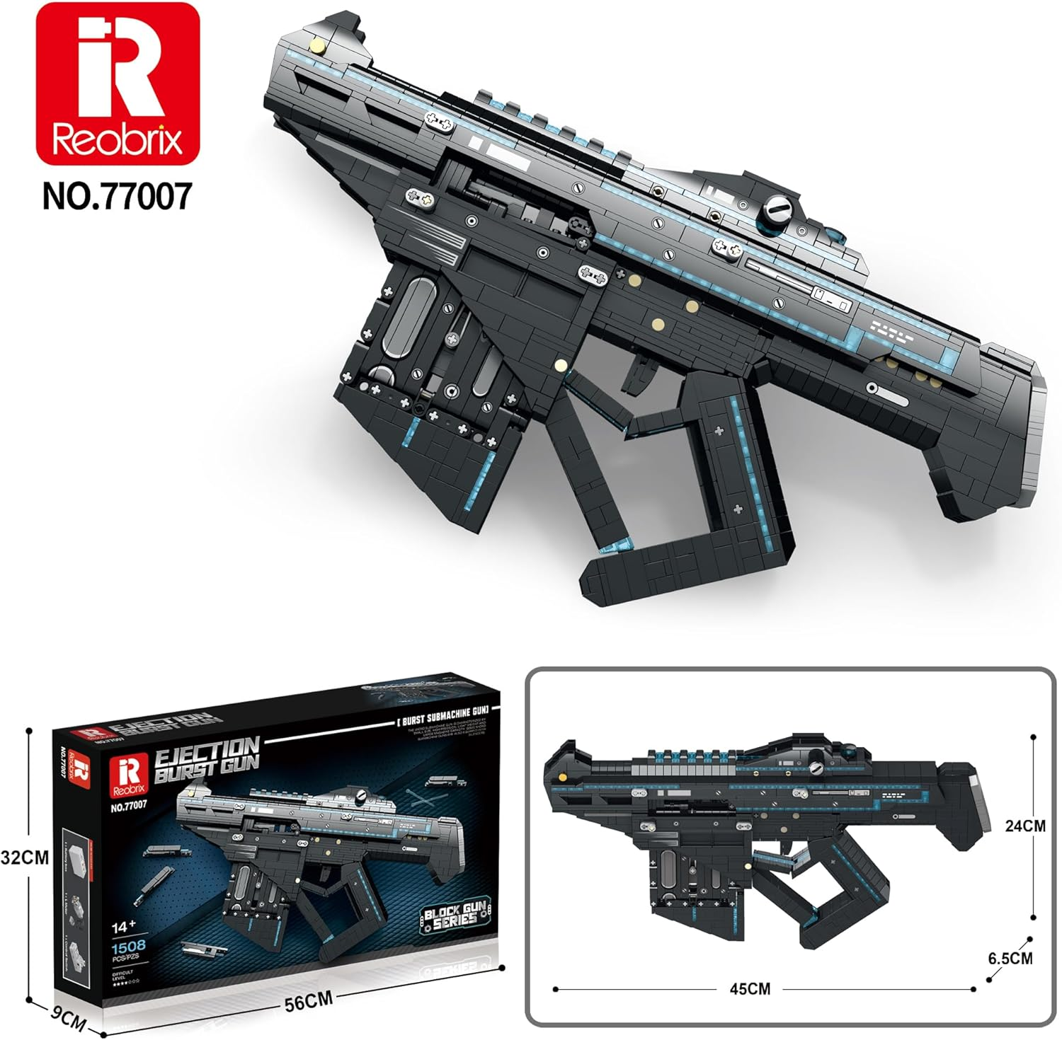 Reobrix 77007 Gun Building Blocks Set, Submachine Gun Toy Model Kit with Motor, Military Weapon Building Toy for 12+, 1508 Pieces image number 4