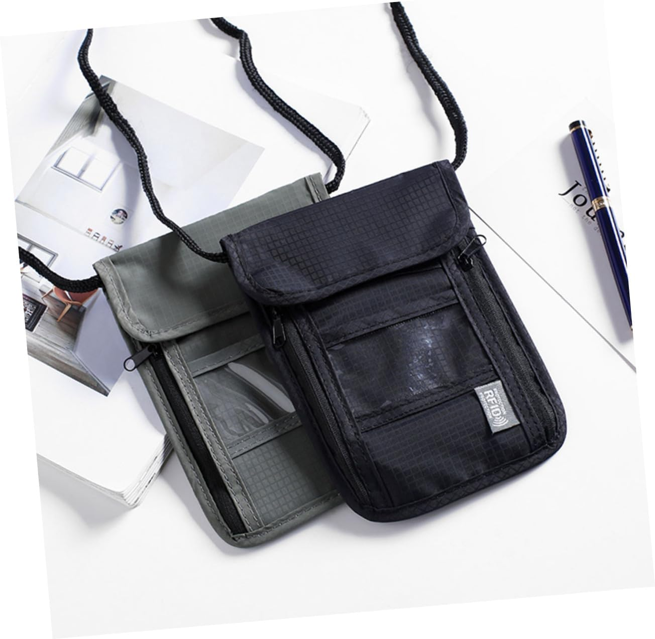 BUGUUYO Travel Wallet Neck Hanging Bag for Passport and Credit Cards Multipurpose Document Holder with Transparent Pocket Compact Shoulder Pouch for Men and Women Grey image number 6