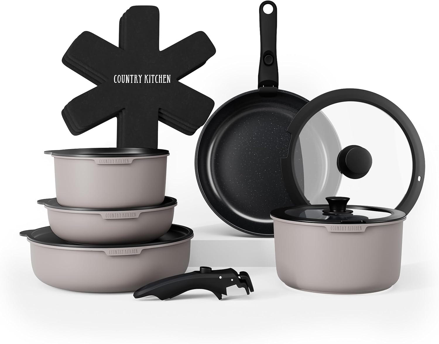 Country Kitchen 13 Piece Pots and Pans Set - Safe Nonstick Cookware Set Detachable Handle, Kitchen Cookware with Removable Handle, RV Cookware, Oven Safe (Black)