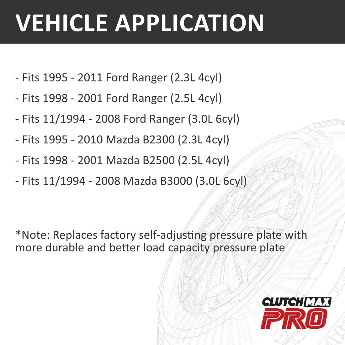Clutchmaxpro Heavy Duty OEM Clutch Kit with Slave Cylinder Compatible with 95-11 Ford Ranger 2.3L, 98-01 Ranger 2.5L, 94-08 Ranger 3.0L, 95-10 Mazda B2300, 98-01 B2500, 94-08 B3000 image number 4