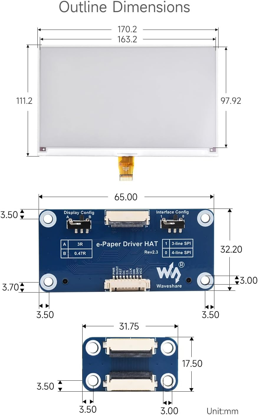 Waveshare 7.5Inch E-Paper HAT, 800&times;480 Resolution Red/Black/White 3Colors Display HAT for Price Tags, Shelf Labels, Industrial Instruments, Etc image number 2