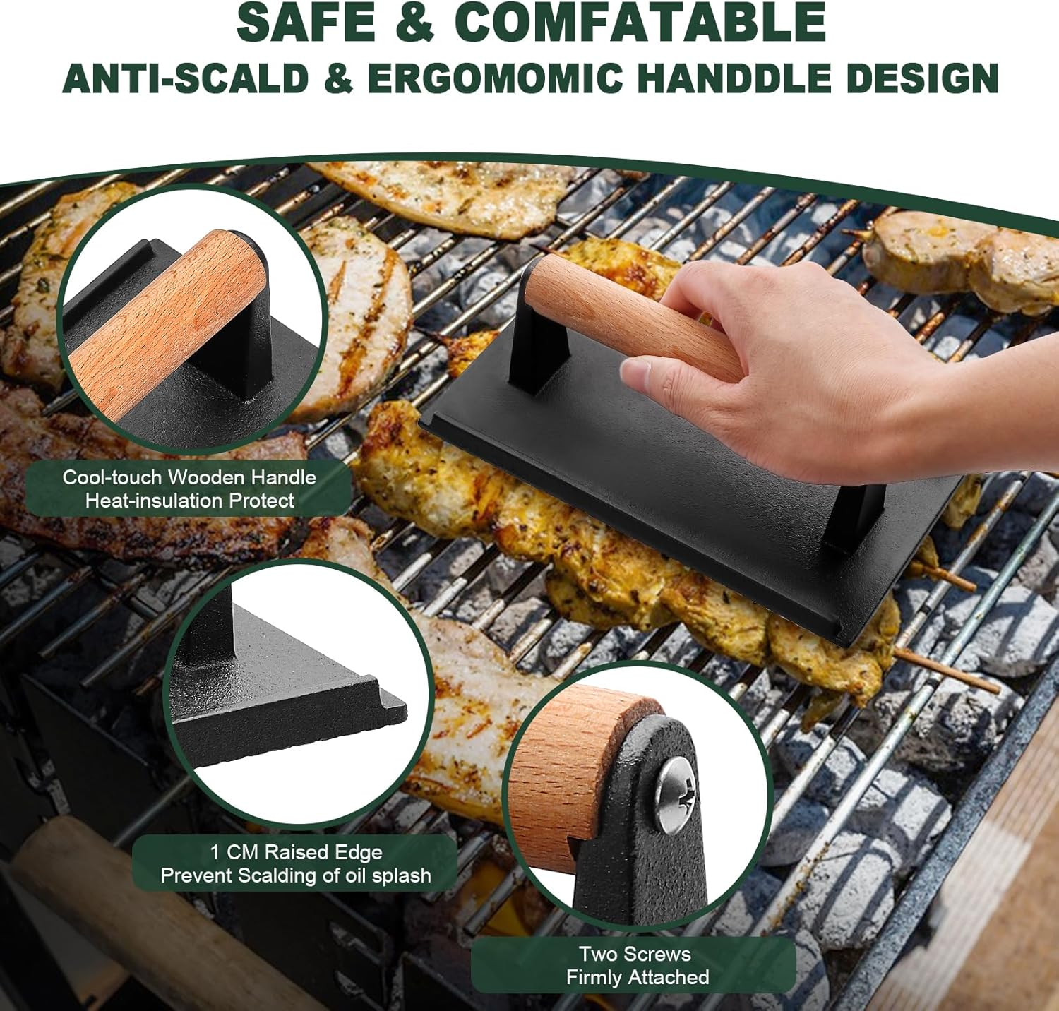 CEKEE Burger Press round & Rectangle, Heavy-Duty Cast Iron Grill Press with Wood Handle, Smash Burger Press Perfects for Blackstone Griddle, Flattops, Grills, Camp, Chef - Blackstone Accessories image number 3