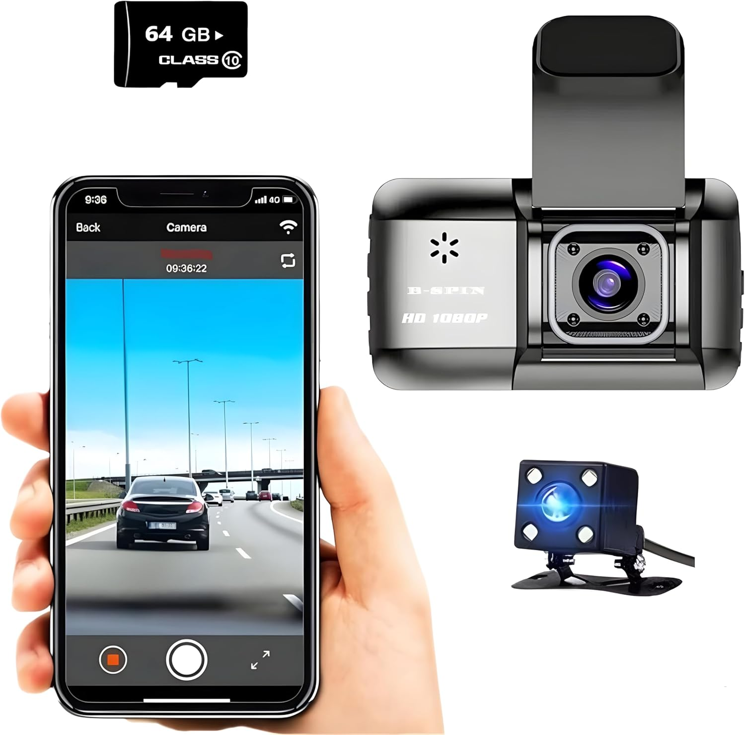Dual Lens DVR Dash Cam 1080 P HD Car DVR Front and Rear Camera Recorder with Built-In Wifi LCD (170 Degree Wide) with 64 GB High Speed SD Card Free 24 Hour Parking Monitoring/Night Vision/G-Sensor image number 1