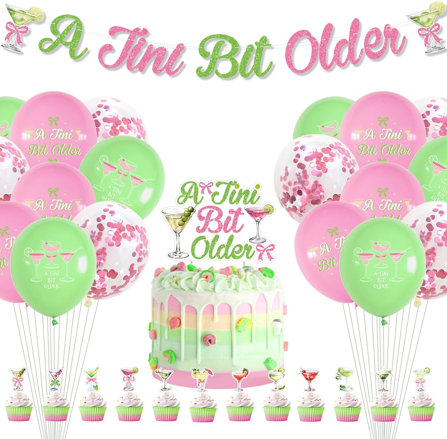 Xugoox 32Pcs Martini Bow Birthday Party Decorations, Green Pink Glitter a Tini Bit Older Banner Cake Topper Balloons for Girls Women, Martinis Party Decor for Birthday Bachelorette Party Supplies
