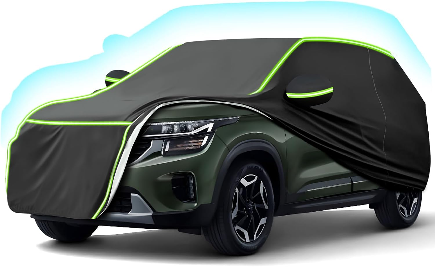 Velomira SUV Car Cover, Waterproof with Cotton Lining, Zippers & Reflective Strips Uv-Resistant, Snowproof, Scratch-Resistant, Outdoor Use Compatible with Models Measuring 520X200X180Cm (Black Green)